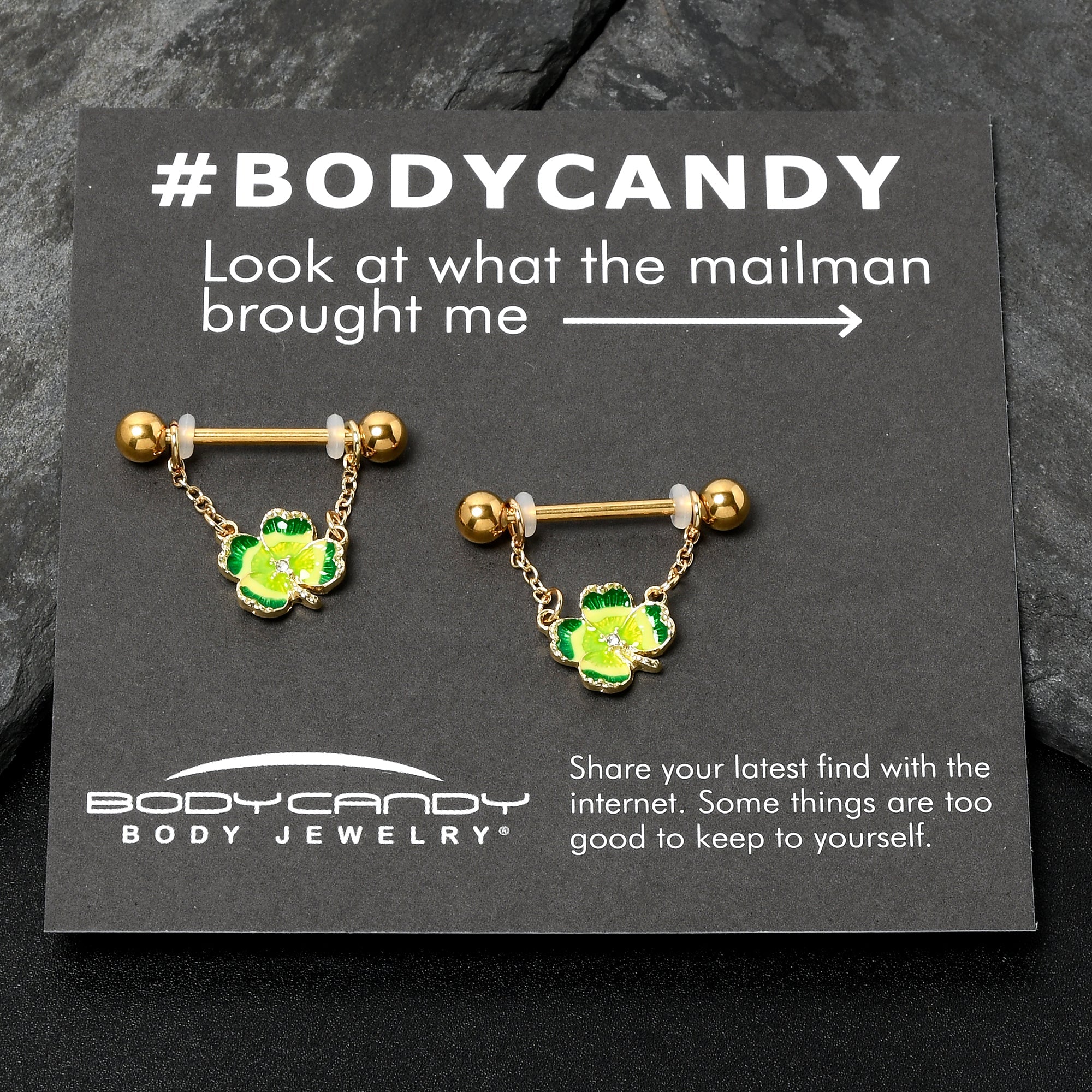 BodyCandy 14G 9/16 Clear Gem Gold Hue Lucky Shamrock Dangle Nipple Ring Set — side view