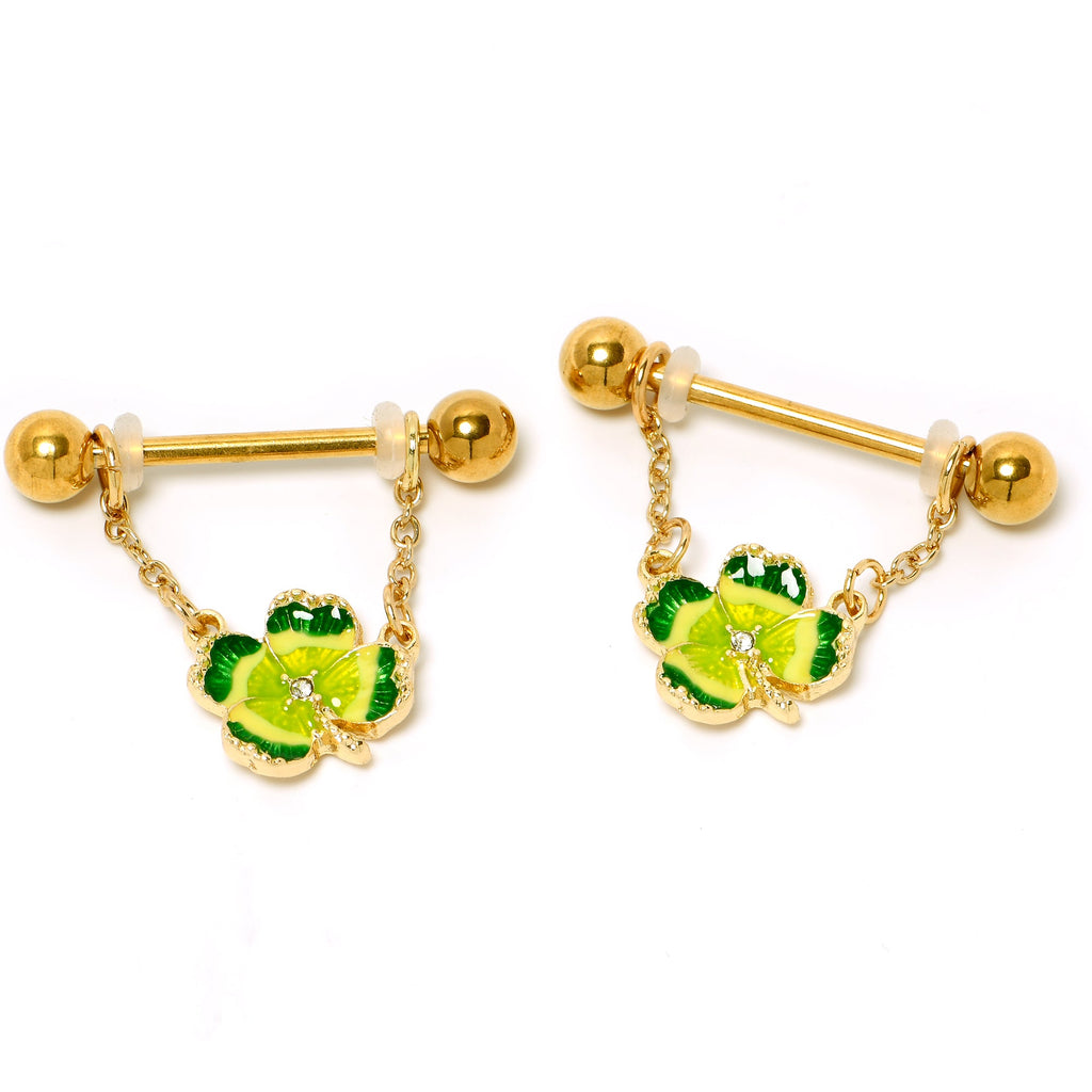 BodyCandy 14G 9/16 Clear Gem Gold Hue Lucky Shamrock Dangle Nipple Ring Set — back view