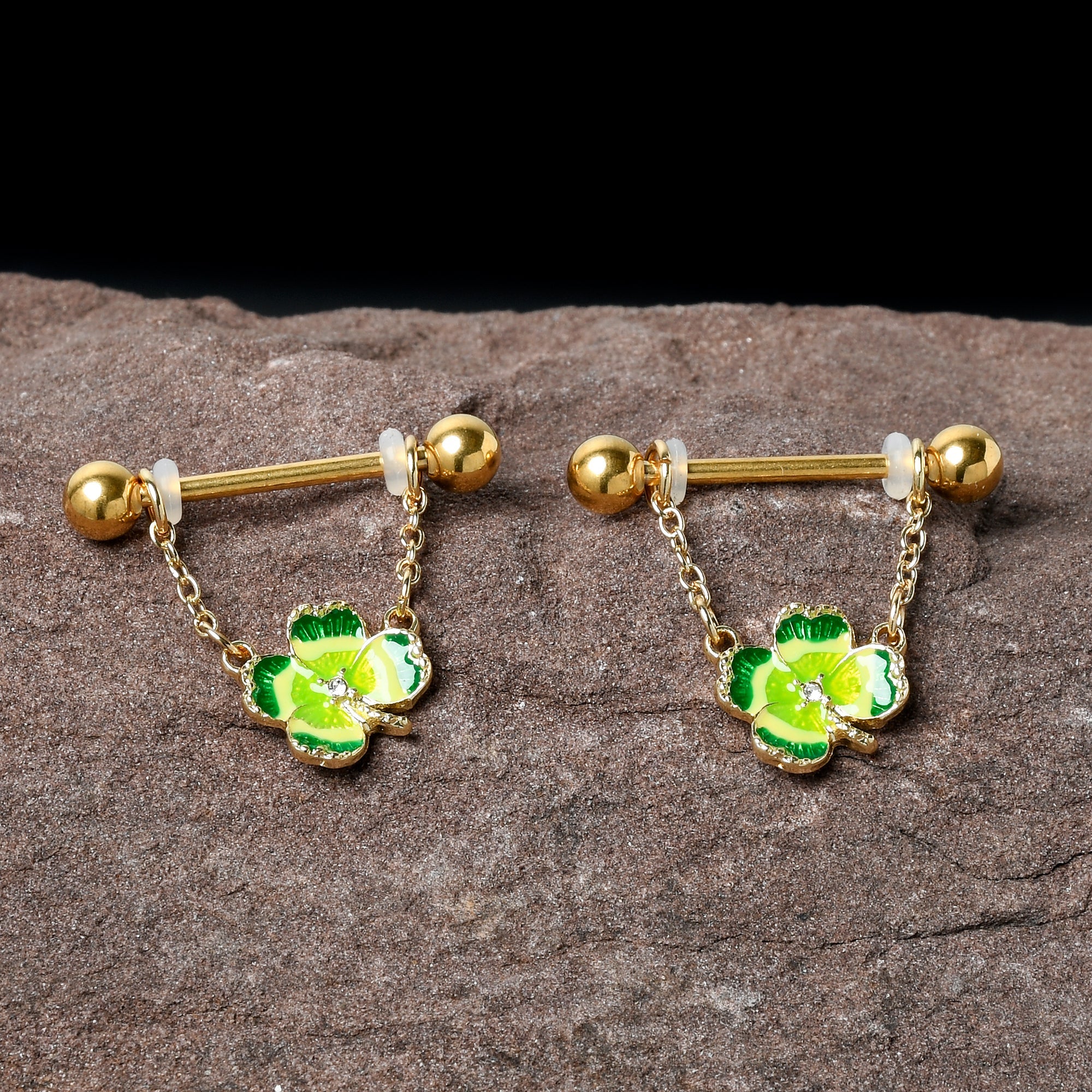 BodyCandy 14G 9/16 Clear Gem Gold Hue Lucky Shamrock Dangle Nipple Ring Set — alternative angle