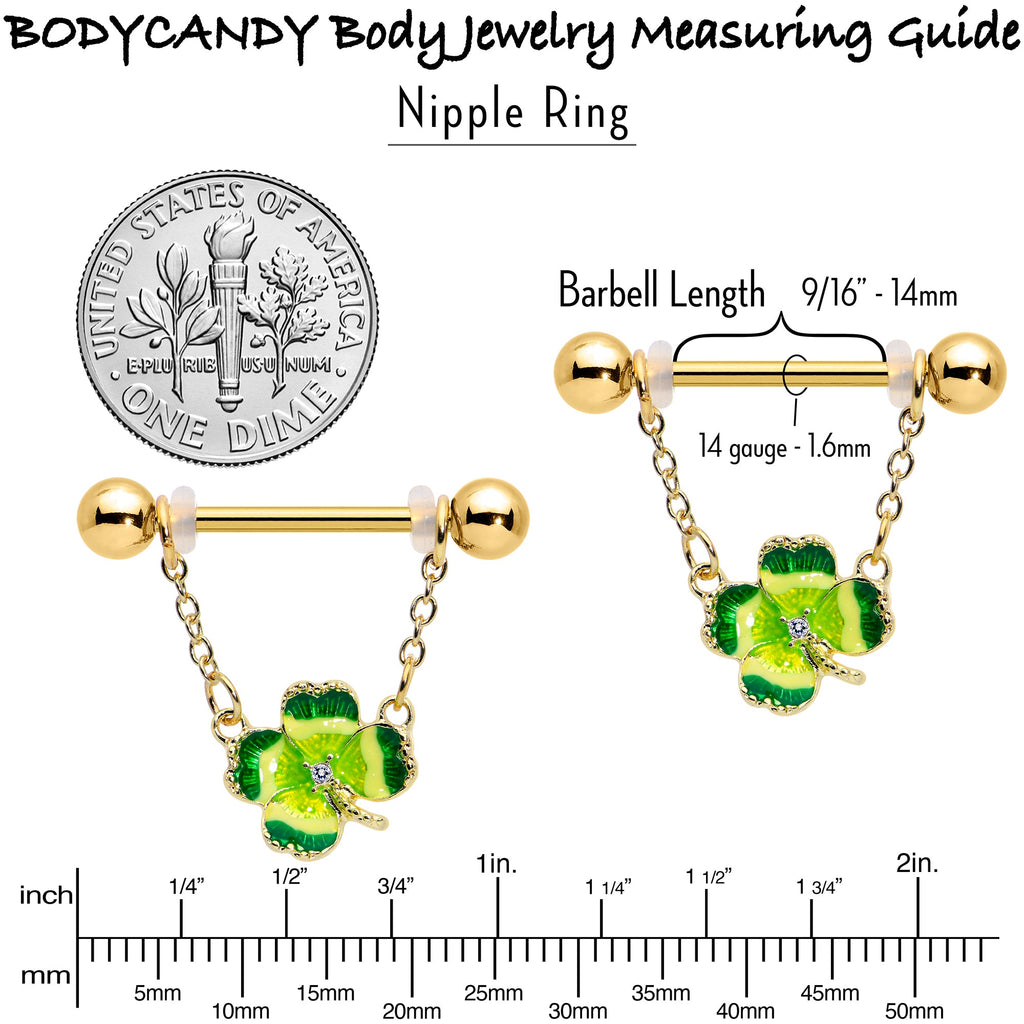 BodyCandy 14G 9/16 Clear Gem Gold Hue Lucky Shamrock Dangle Nipple Ring Set — in-use photo