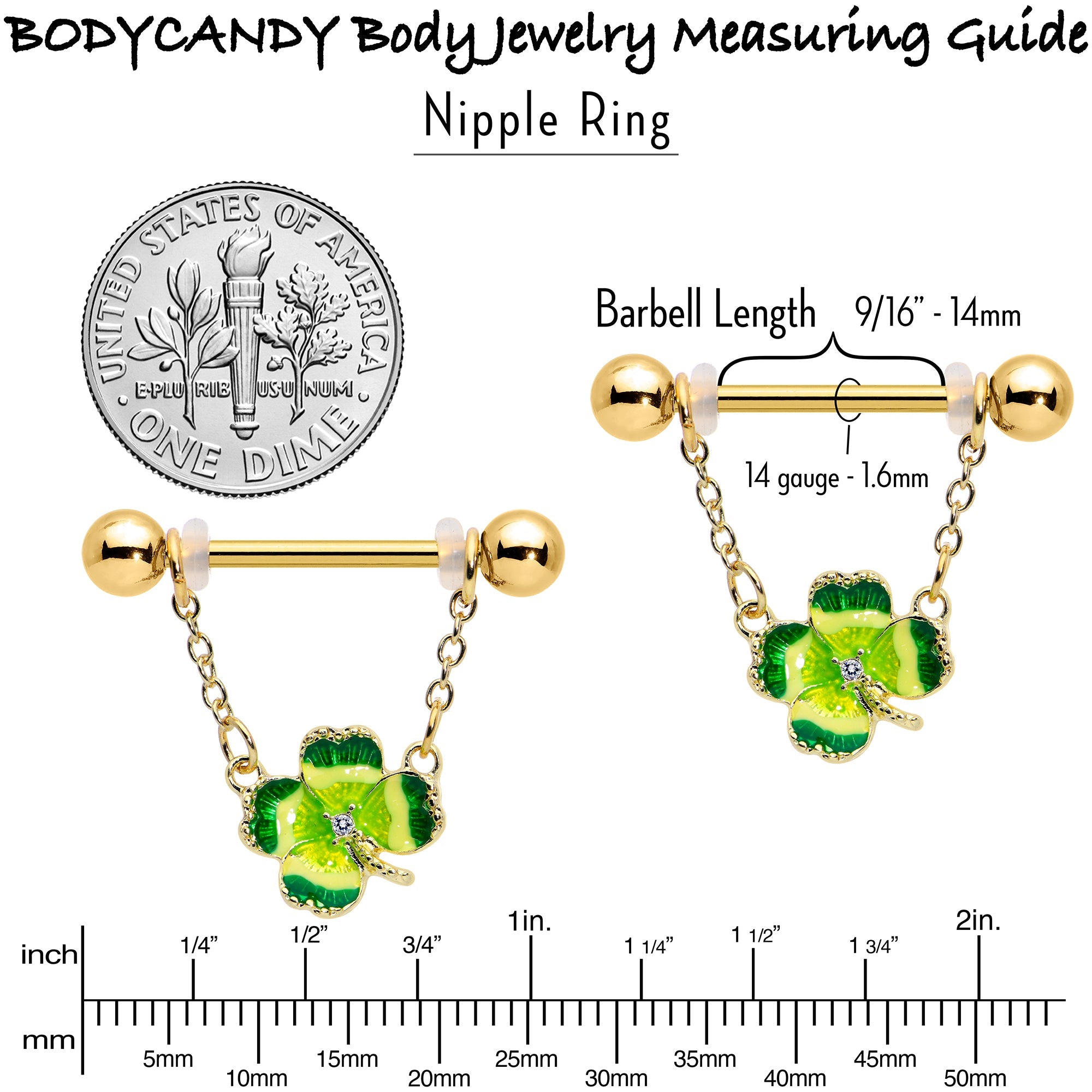 BodyCandy 14G 9/16 Clear Gem Gold Hue Lucky Shamrock Dangle Nipple Ring Set — in-use photo