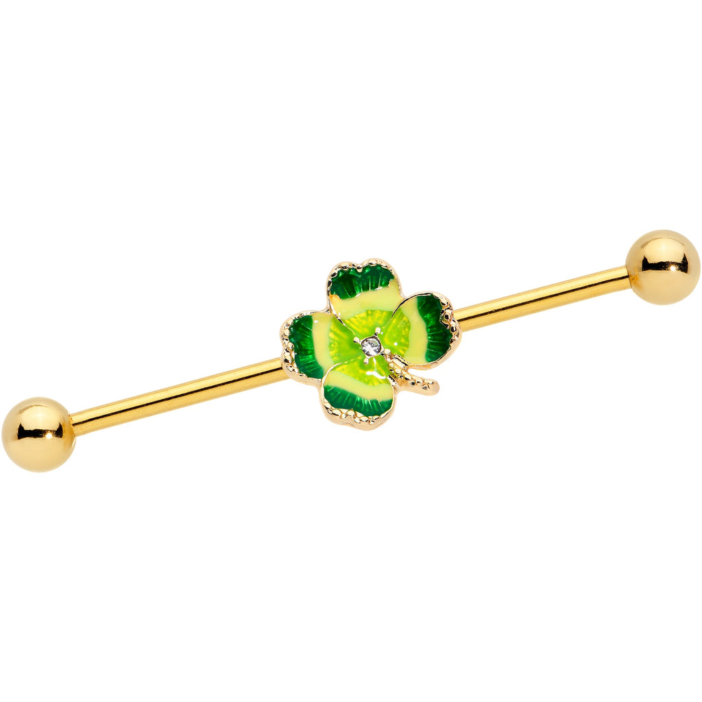 BodyCandy 14G Clear Gem Gold Tone Lucky Shamrock Industrial Barbell 38mm — main product shot