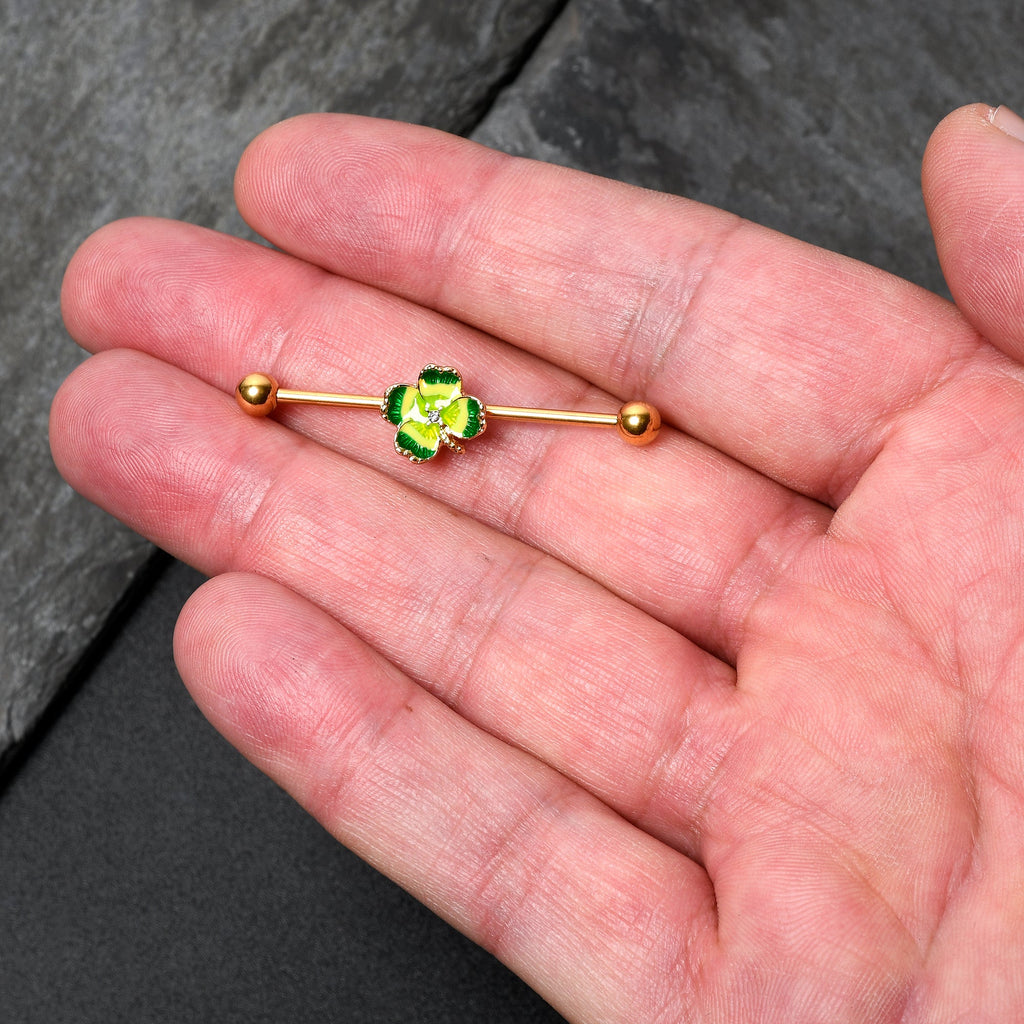 BodyCandy 14G Clear Gem Gold Tone Lucky Shamrock Industrial Barbell 38mm — detail close-up