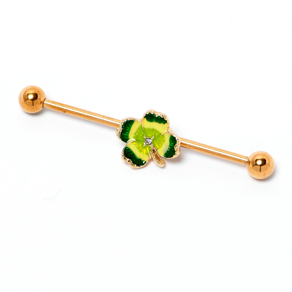 BodyCandy 14G Clear Gem Gold Tone Lucky Shamrock Industrial Barbell 38mm — lifestyle context