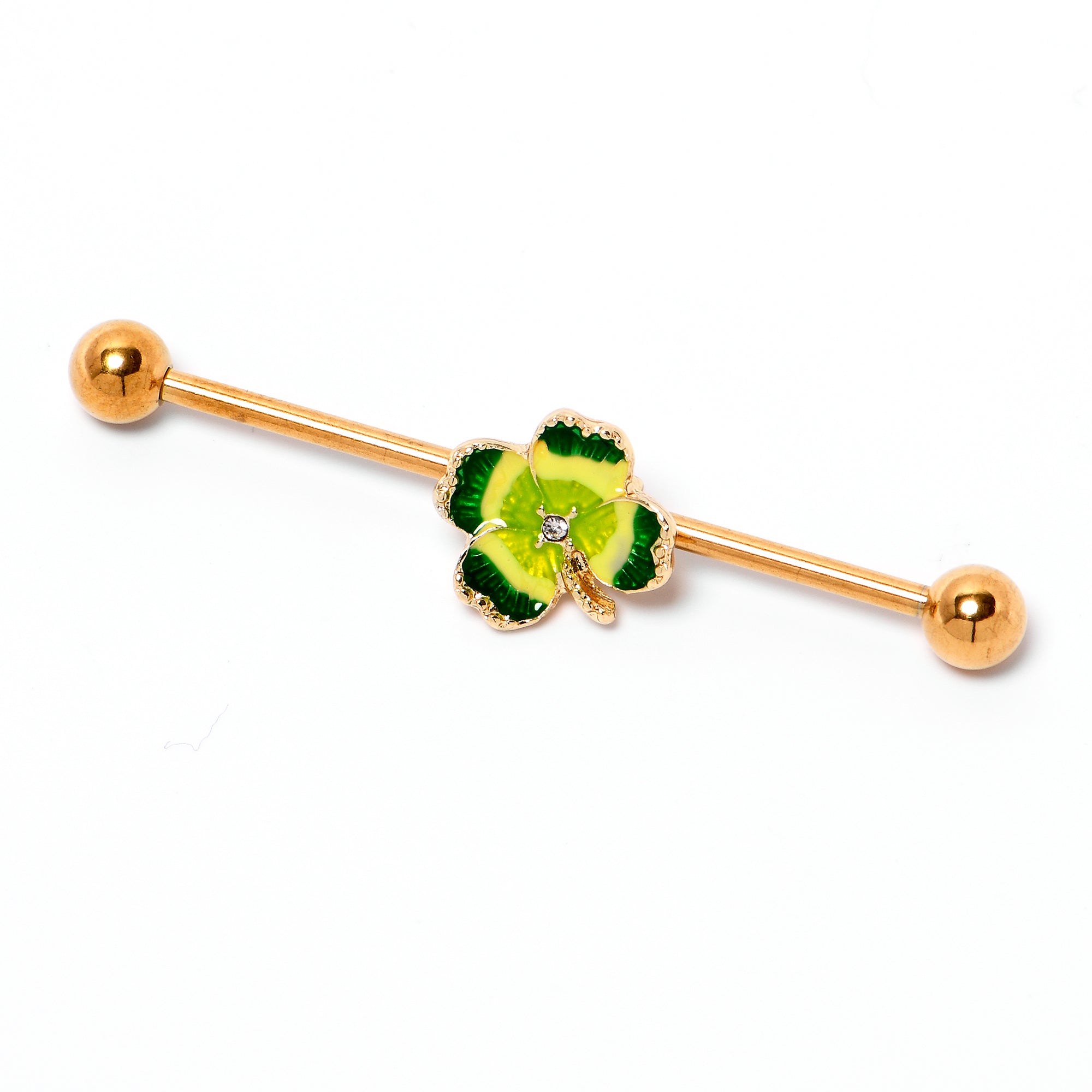BodyCandy 14G Clear Gem Gold Tone Lucky Shamrock Industrial Barbell 38mm — lifestyle context