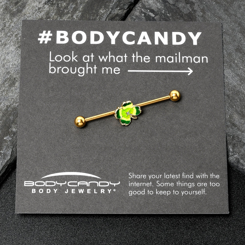 BodyCandy 14G Clear Gem Gold Tone Lucky Shamrock Industrial Barbell 38mm — side view