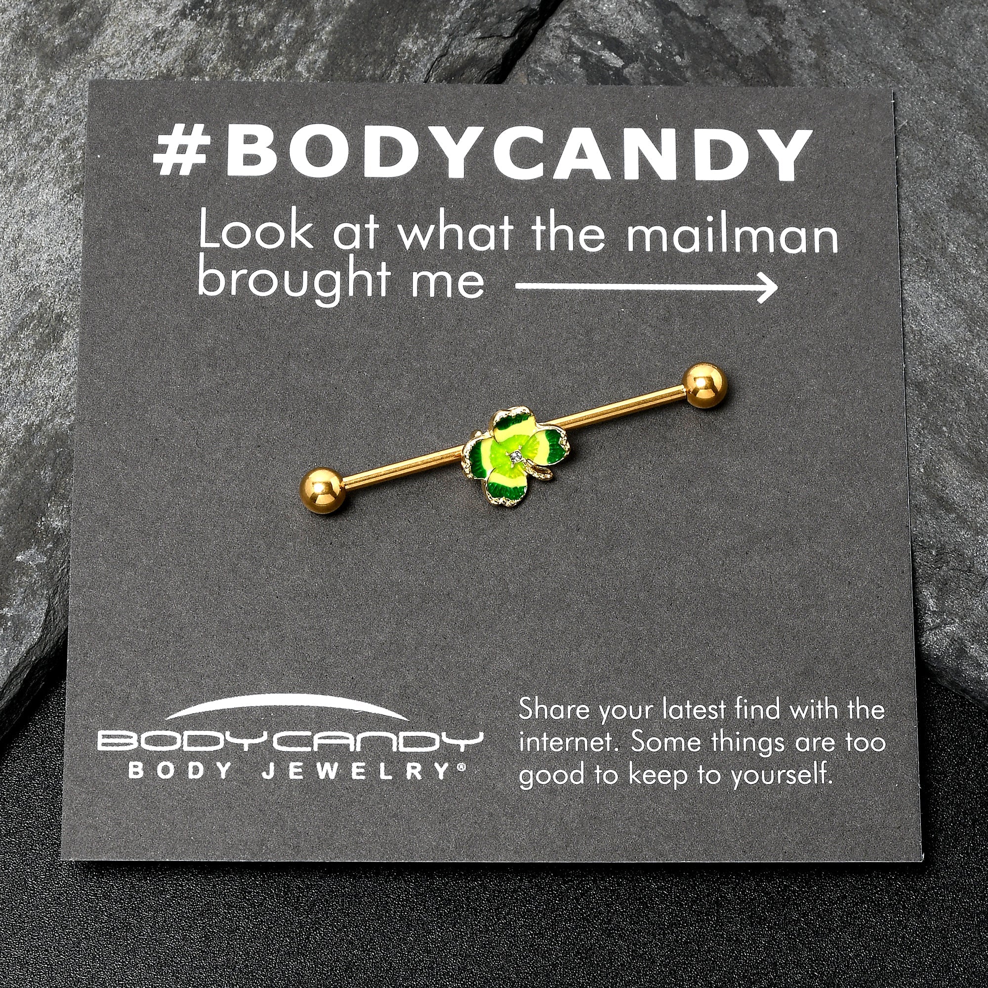 BodyCandy 14G Clear Gem Gold Tone Lucky Shamrock Industrial Barbell 38mm — side view