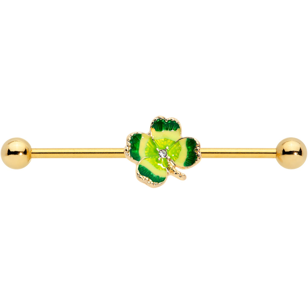 BodyCandy 14G Clear Gem Gold Tone Lucky Shamrock Industrial Barbell 38mm — back view