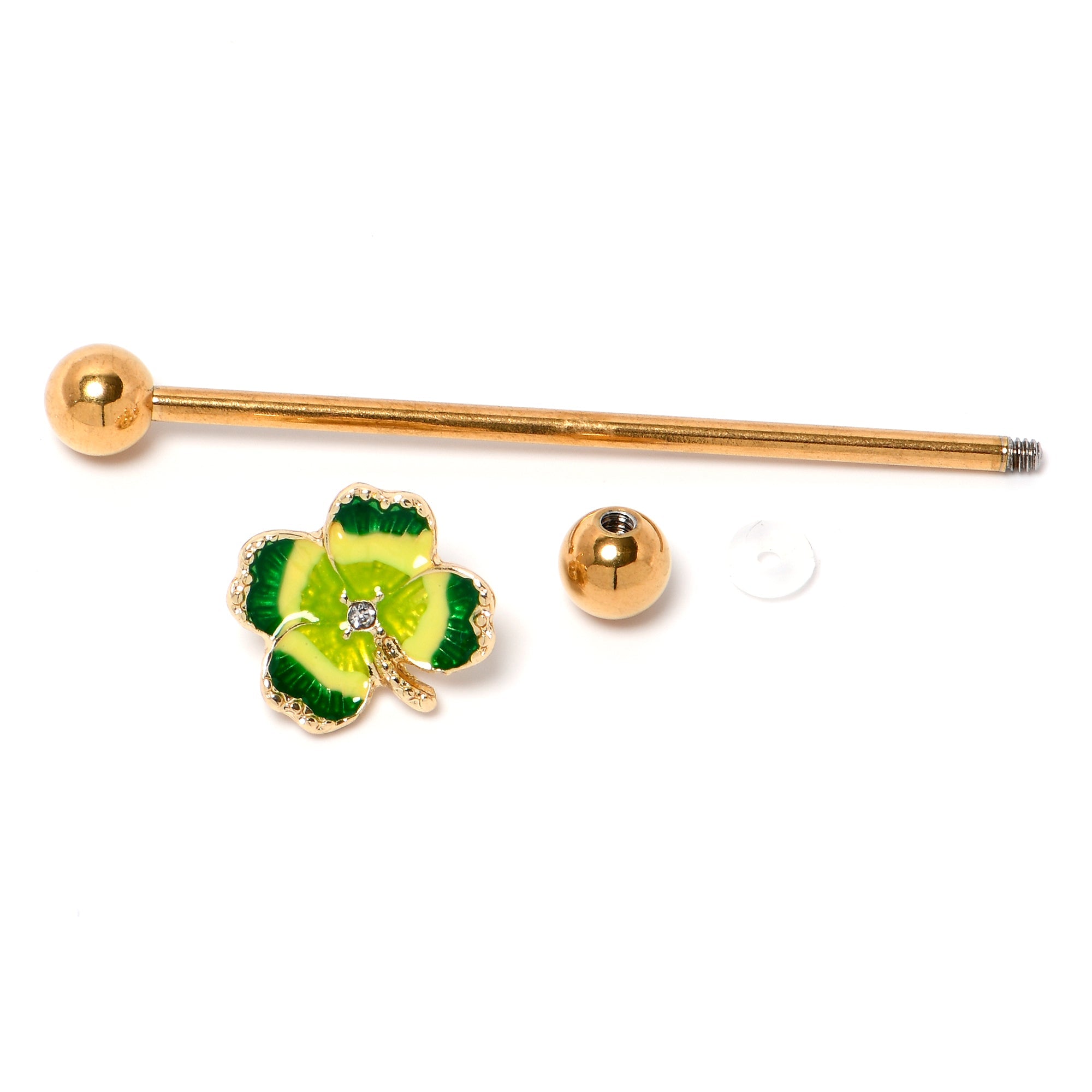 BodyCandy 14G Clear Gem Gold Tone Lucky Shamrock Industrial Barbell 38mm — alternative angle