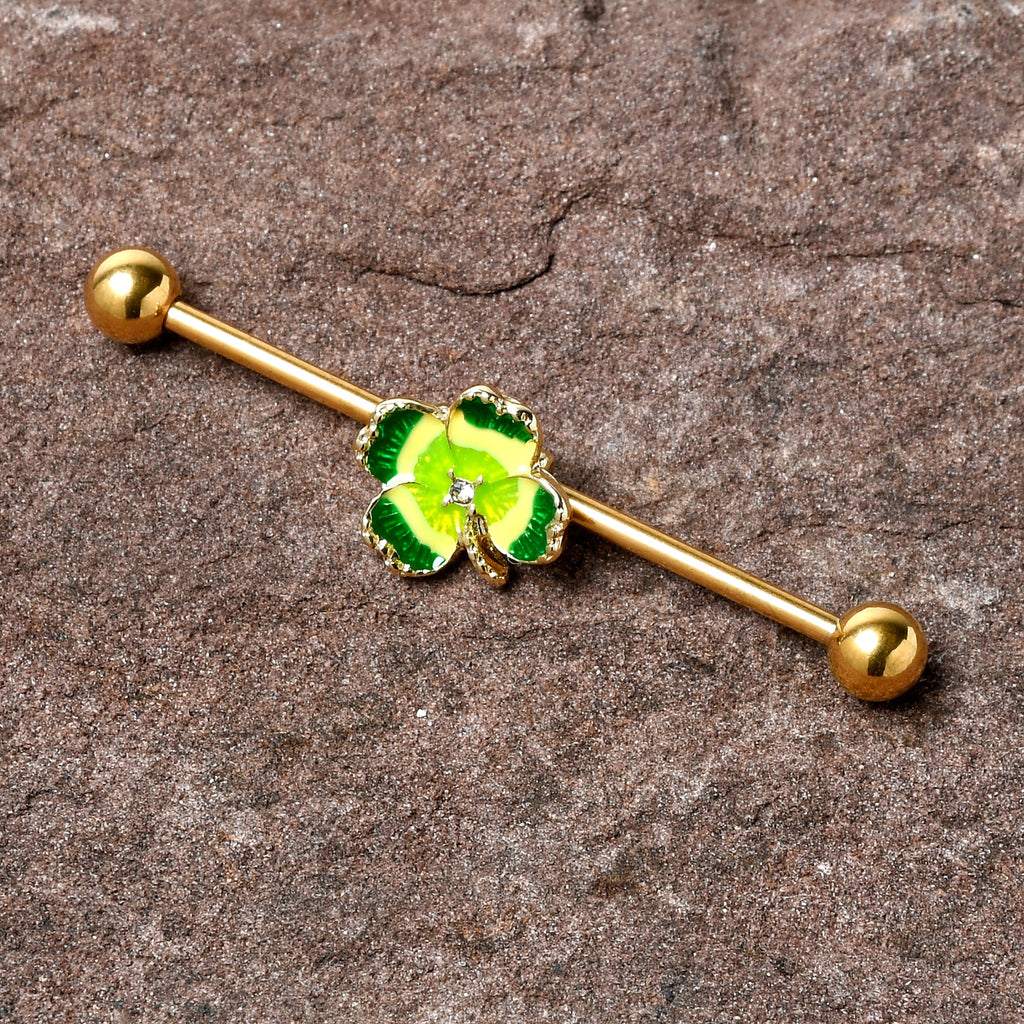 BodyCandy 14G Clear Gem Gold Tone Lucky Shamrock Industrial Barbell 38mm — in-use photo