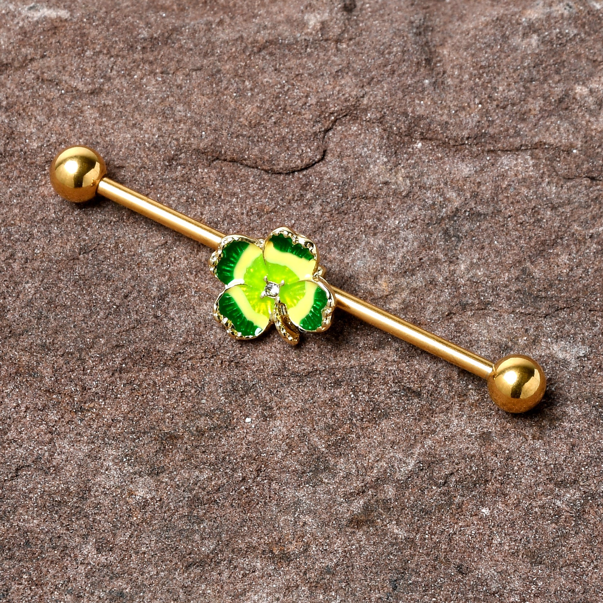 BodyCandy 14G Clear Gem Gold Tone Lucky Shamrock Industrial Barbell 38mm — in-use photo