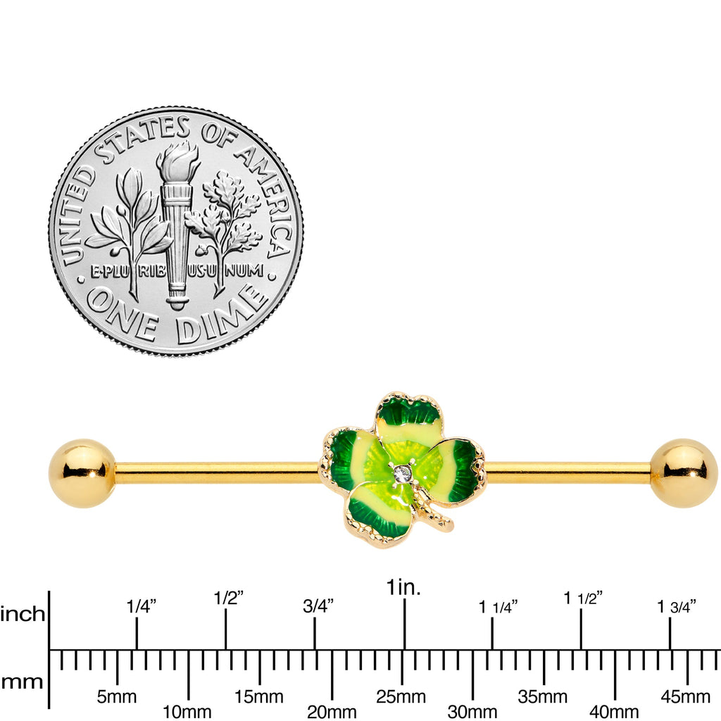 BodyCandy 14G Clear Gem Gold Tone Lucky Shamrock Industrial Barbell 38mm — size reference