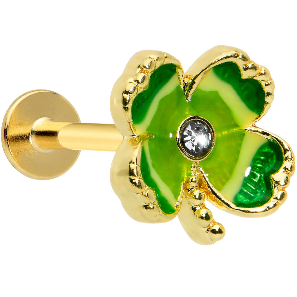 BodyCandy 16G 5/16 Clear Gem Gold Tone Lucky Shamrock Labret Monroe Tragus — main product shot