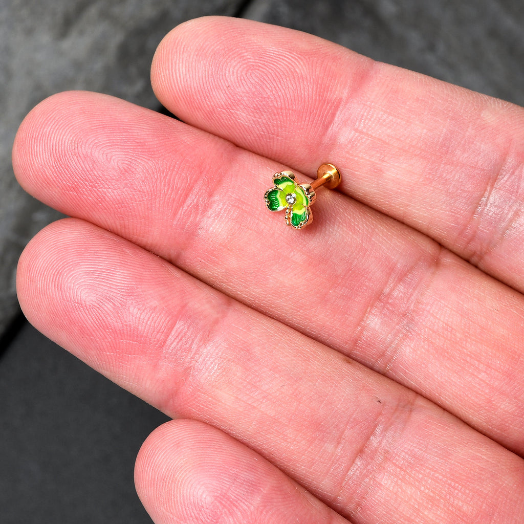 BodyCandy 16G 5/16 Clear Gem Gold Tone Lucky Shamrock Labret Monroe Tragus — detail close-up