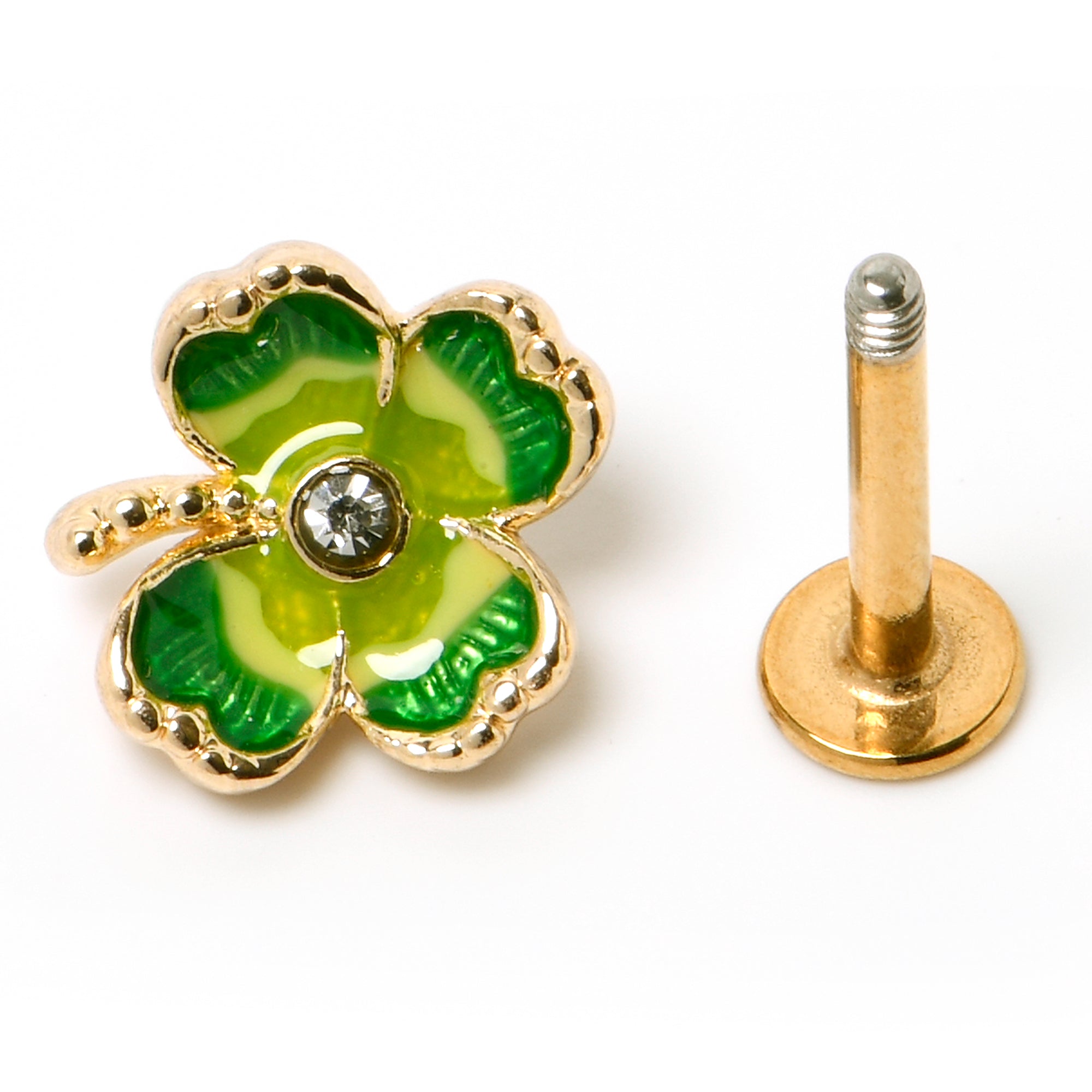 BodyCandy 16G 5/16 Clear Gem Gold Tone Lucky Shamrock Labret Monroe Tragus — lifestyle context