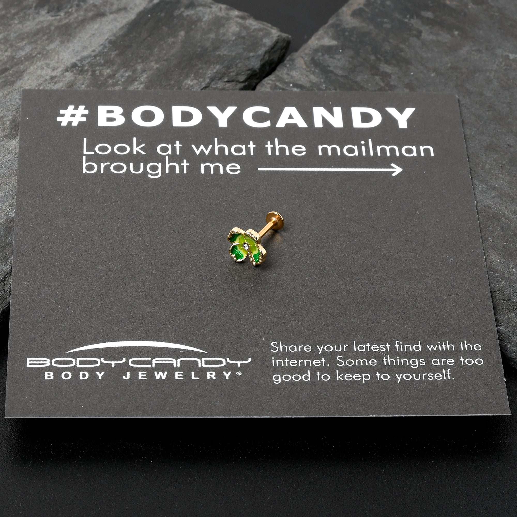 BodyCandy 16G 5/16 Clear Gem Gold Tone Lucky Shamrock Labret Monroe Tragus — side view