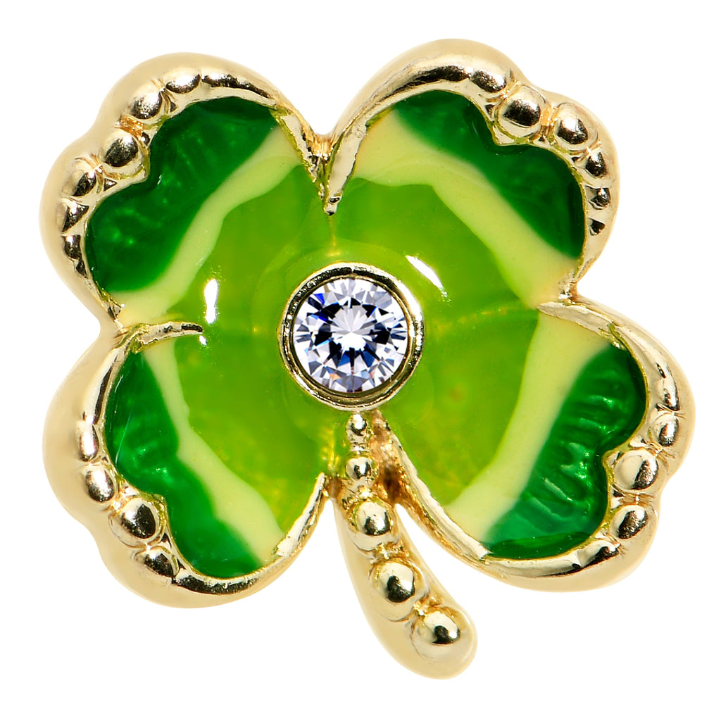 BodyCandy 16G 5/16 Clear Gem Gold Tone Lucky Shamrock Labret Monroe Tragus — back view