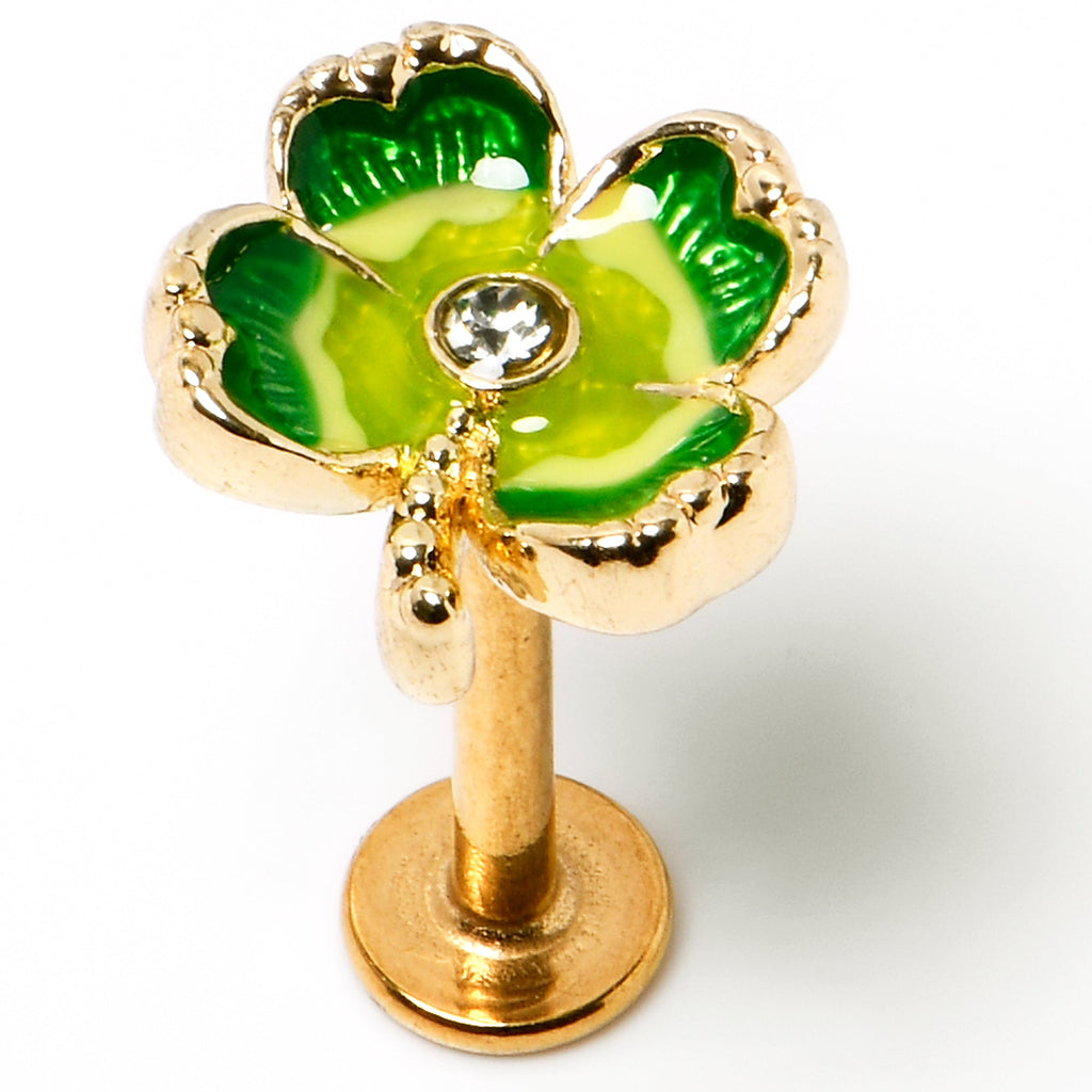 BodyCandy 16G 5/16 Clear Gem Gold Tone Lucky Shamrock Labret Monroe Tragus — in-use photo
