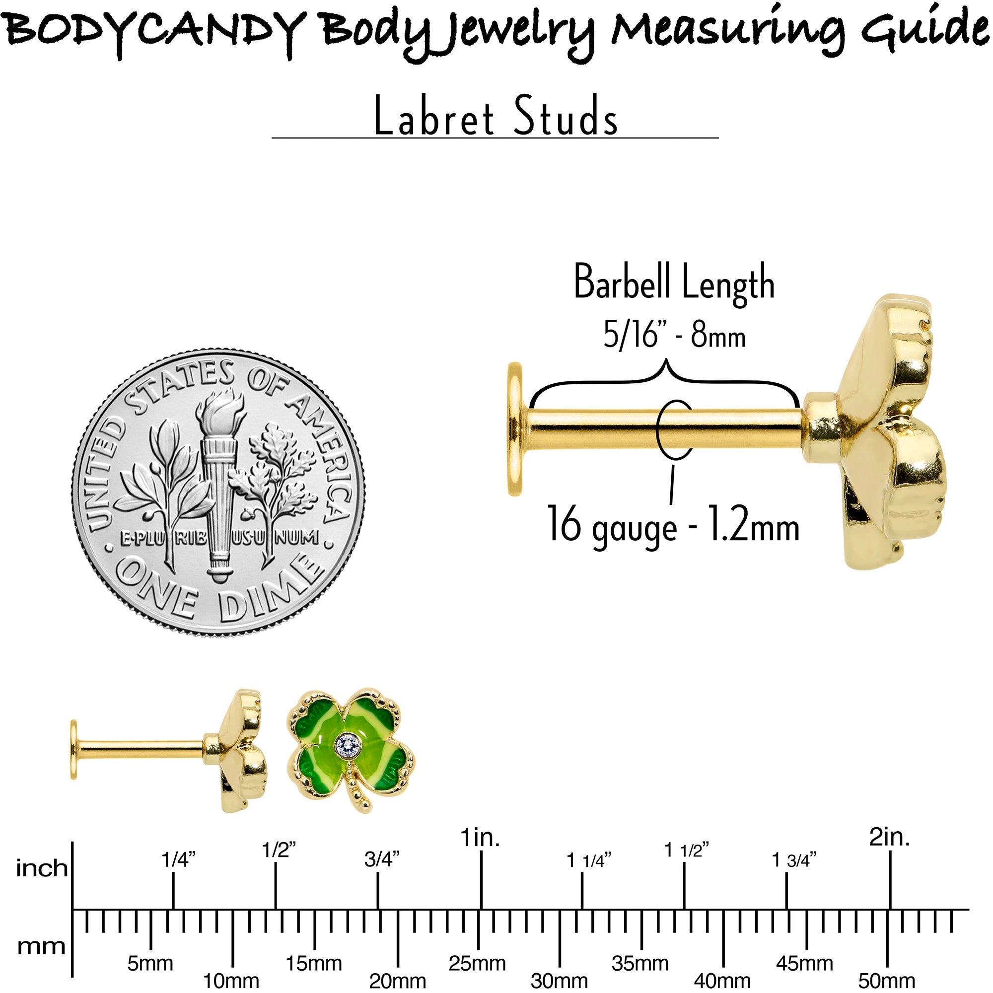 BodyCandy 16G 5/16 Clear Gem Gold Tone Lucky Shamrock Labret Monroe Tragus — size reference
