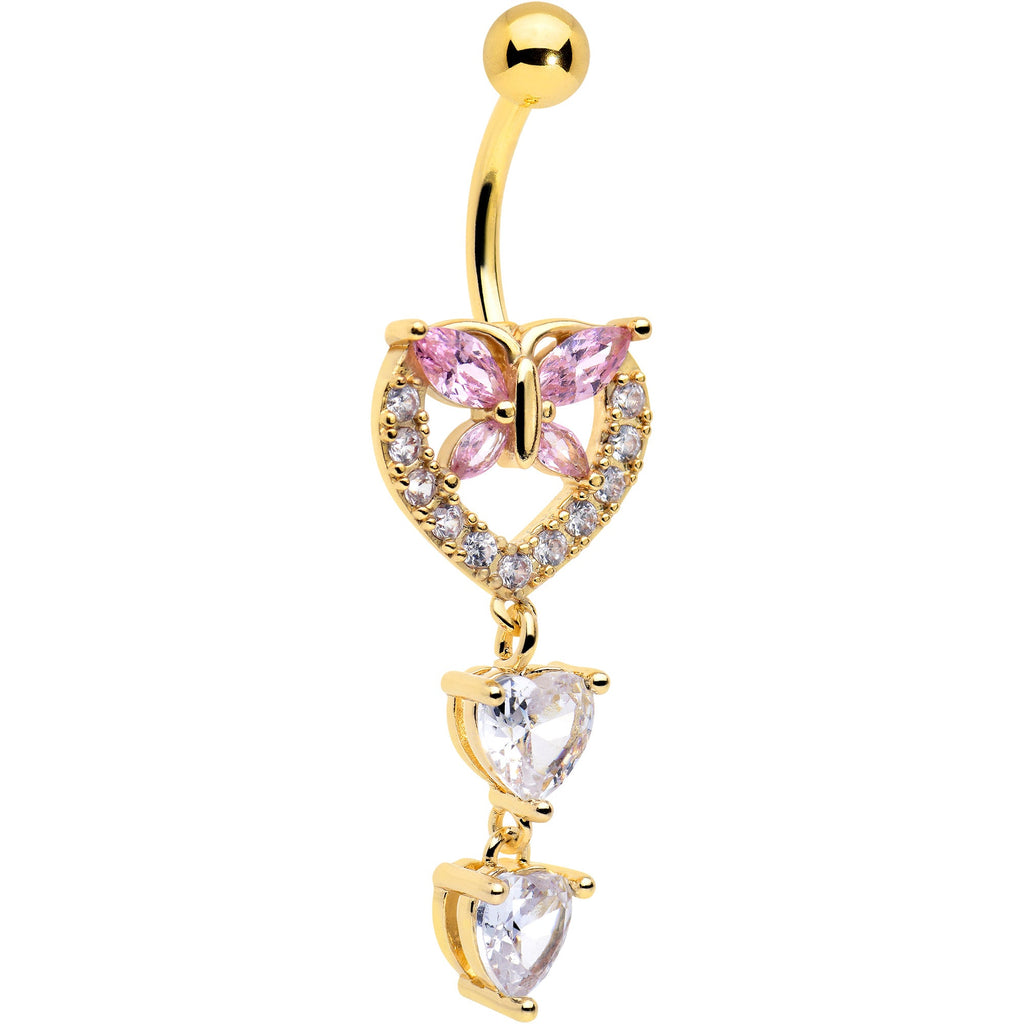BodyCandy Clear Pink CZ Gem Gold Tone Heart Butterfly Double Dangle Belly Ring — main product shot