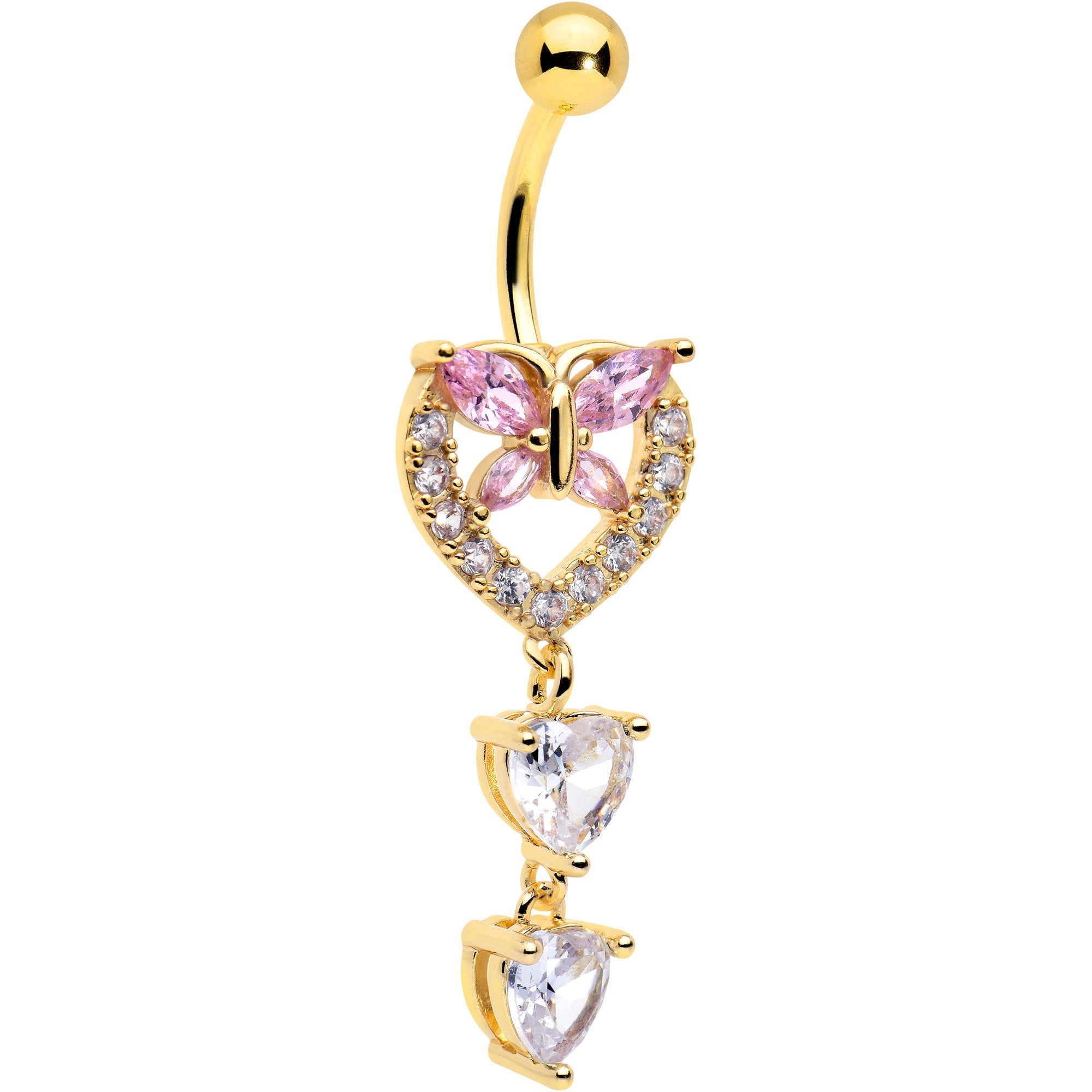 BodyCandy Clear Pink CZ Gem Gold Tone Heart Butterfly Double Dangle Belly Ring — main product shot