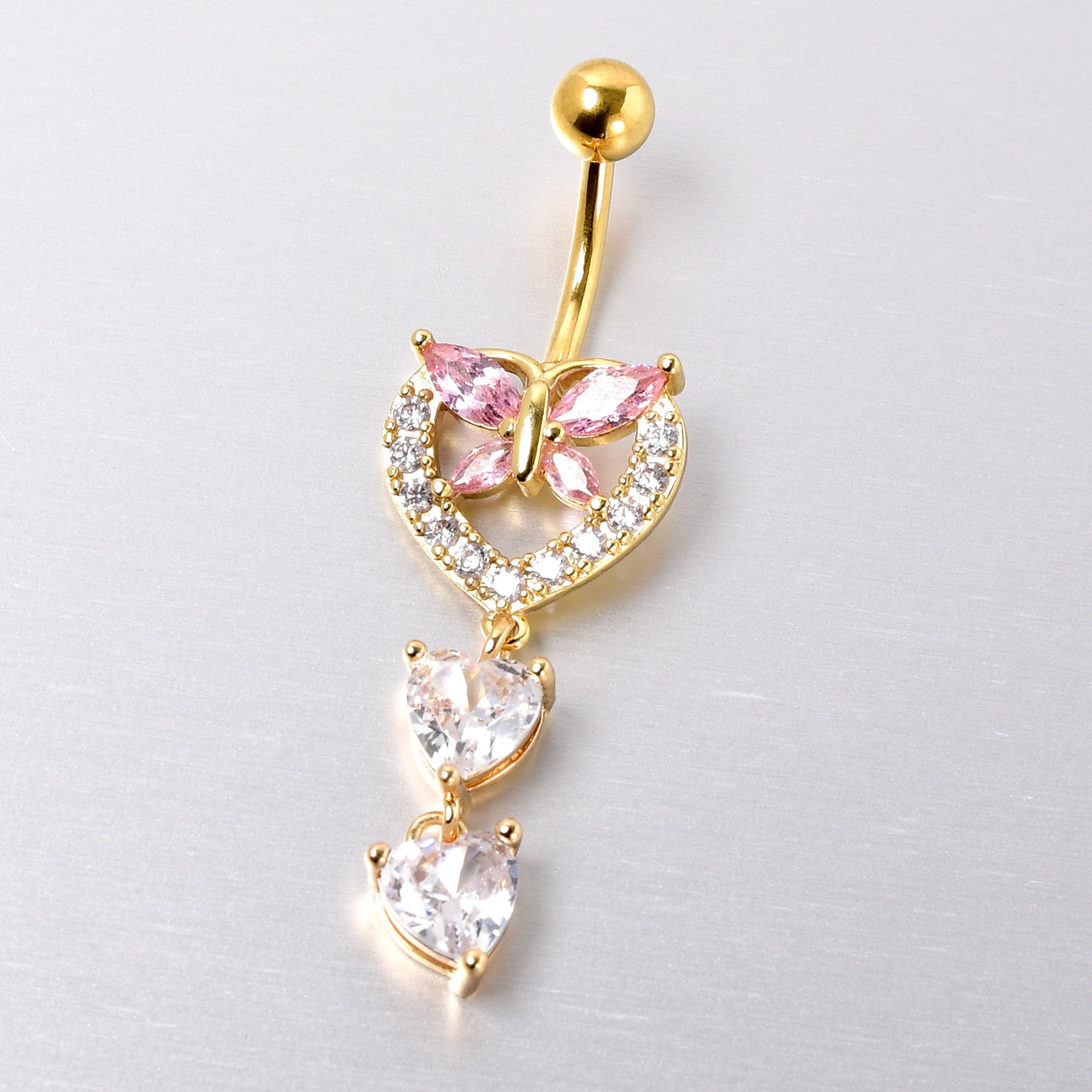 BodyCandy Clear Pink CZ Gem Gold Tone Heart Butterfly Double Dangle Belly Ring — lifestyle context
