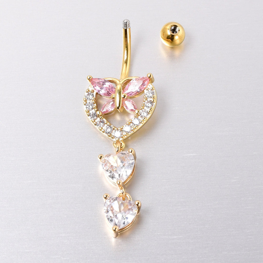 BodyCandy Clear Pink CZ Gem Gold Tone Heart Butterfly Double Dangle Belly Ring — side view