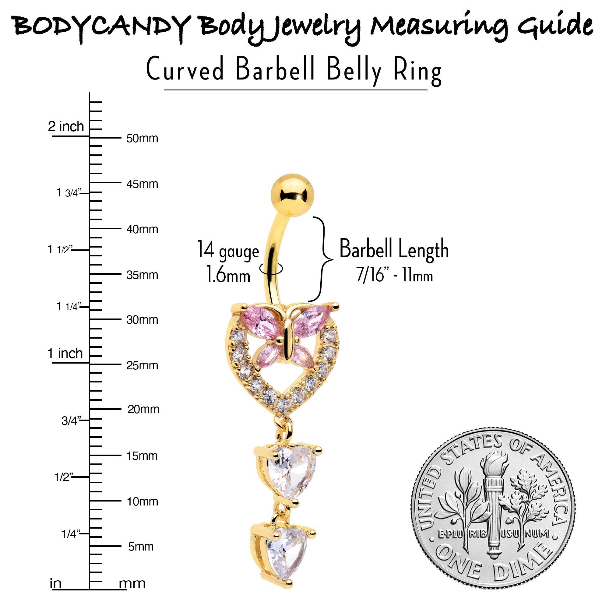 BodyCandy Clear Pink CZ Gem Gold Tone Heart Butterfly Double Dangle Belly Ring — back view