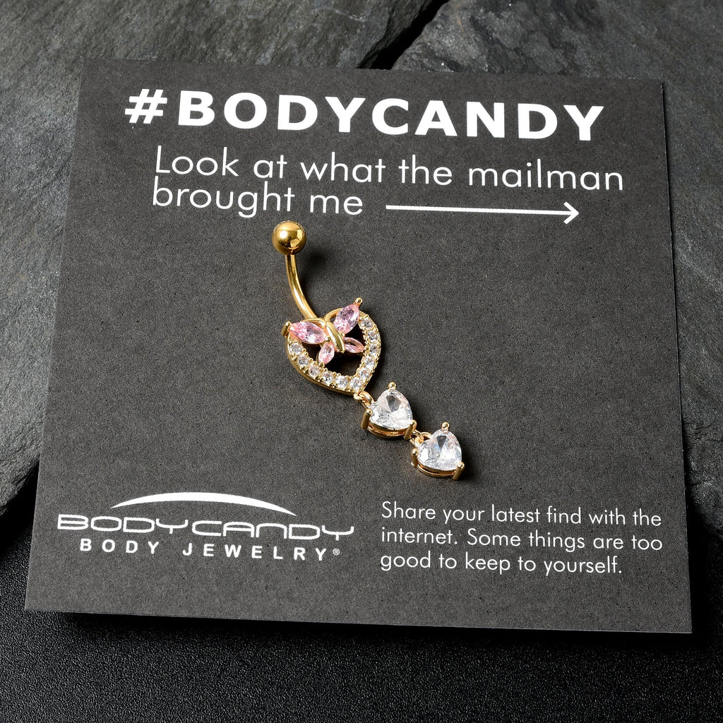 BodyCandy Clear Pink CZ Gem Gold Tone Heart Butterfly Double Dangle Belly Ring — alternative angle
