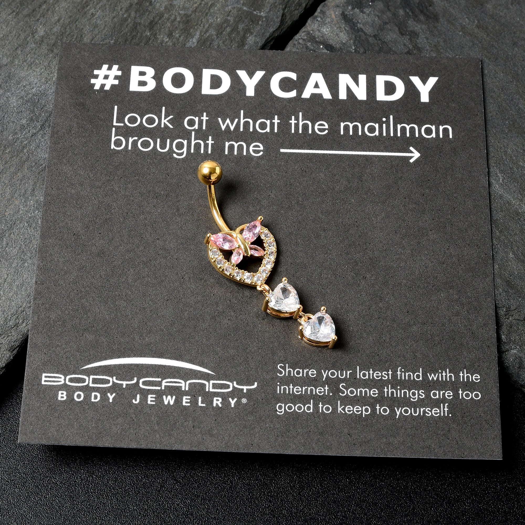 BodyCandy Clear Pink CZ Gem Gold Tone Heart Butterfly Double Dangle Belly Ring — alternative angle