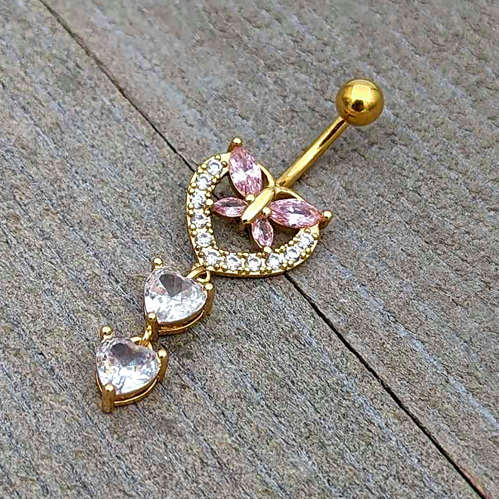 BodyCandy Clear Pink CZ Gem Gold Tone Heart Butterfly Double Dangle Belly Ring — in-use photo
