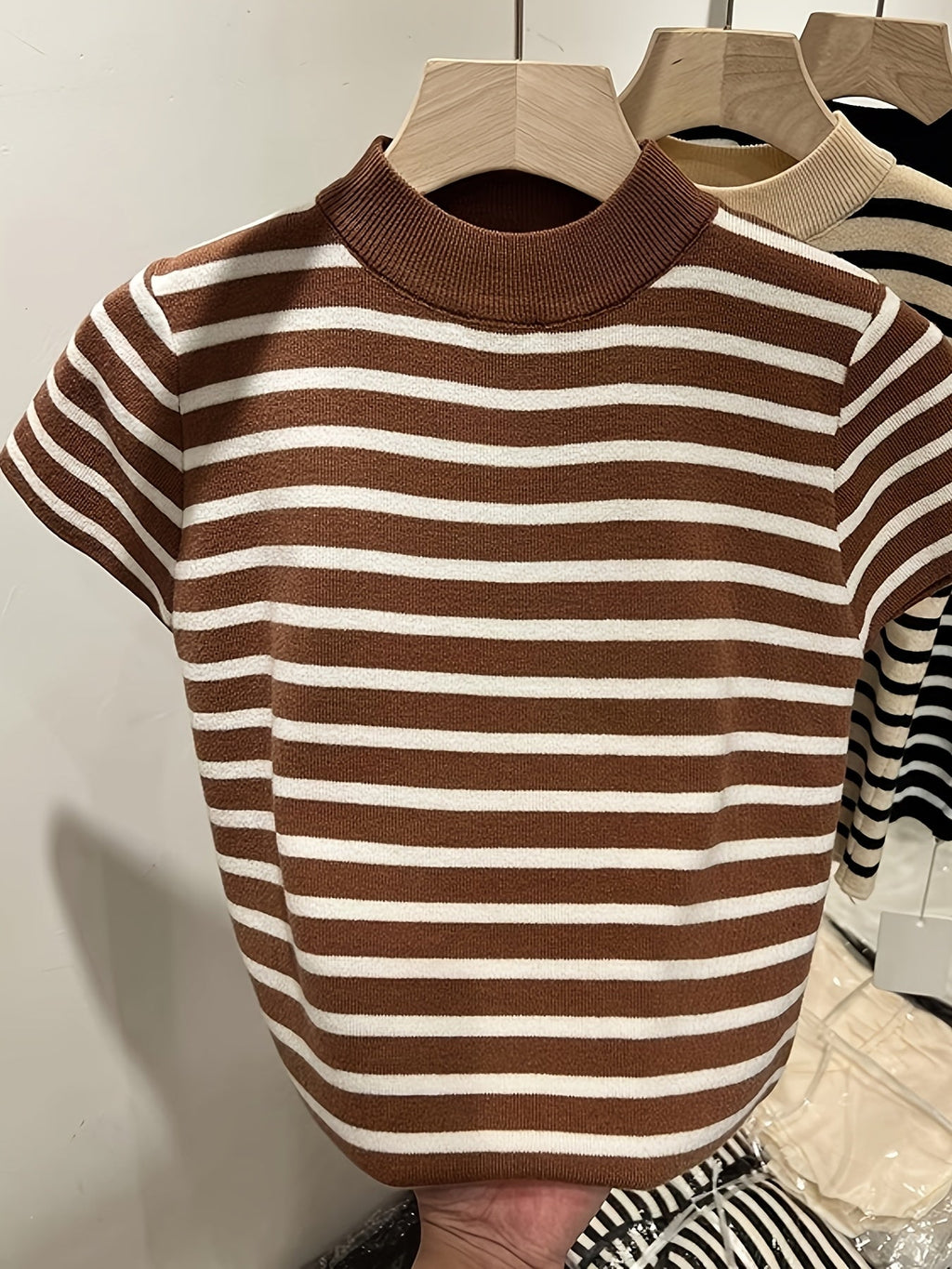 MyClosetAid Semi-High Neck Striped Short-Sleeved T-Shirt — in-use photo