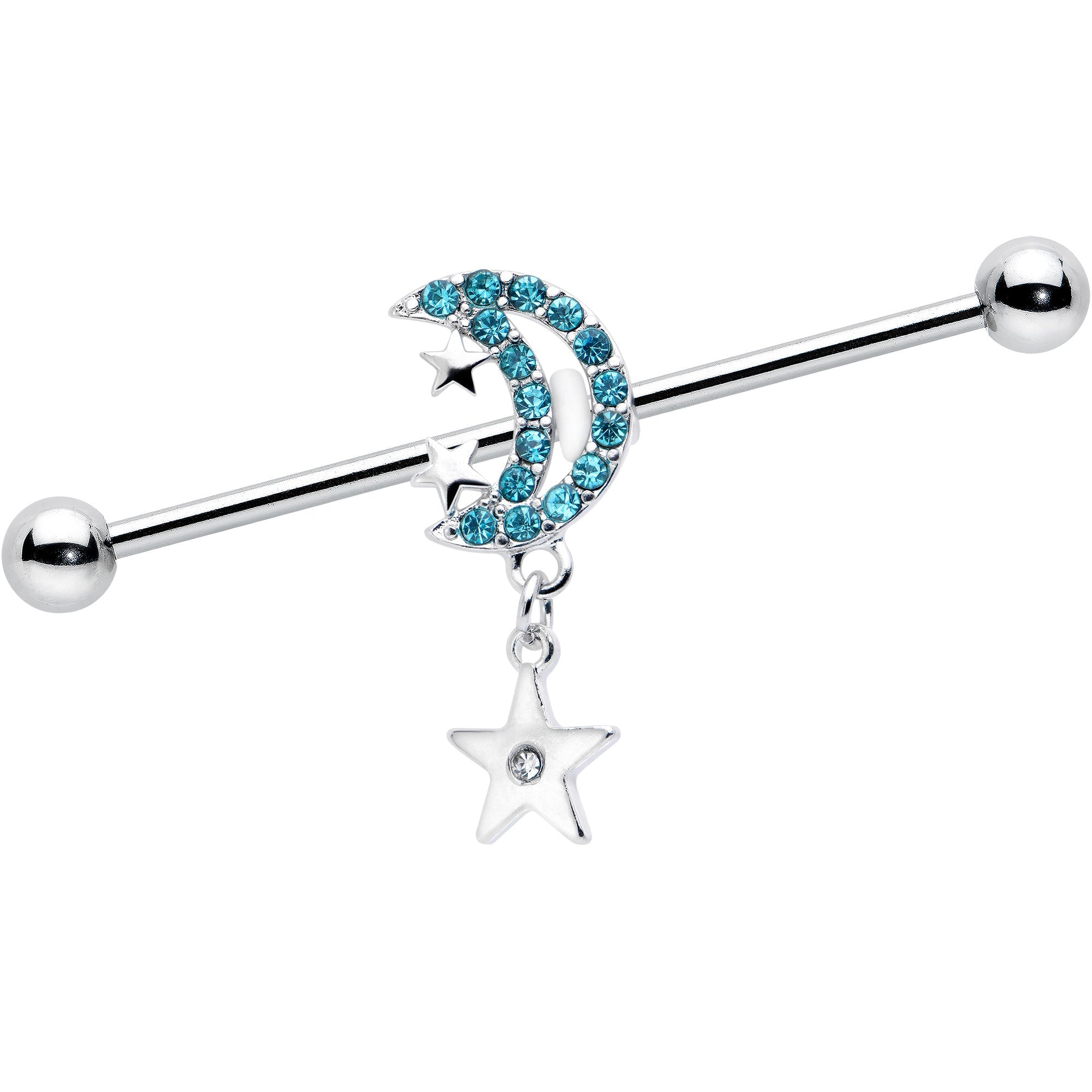 BodyCandy 14G Blue CZ Gem Moon Dangle Star Industrial Barbell 38mm — main product shot