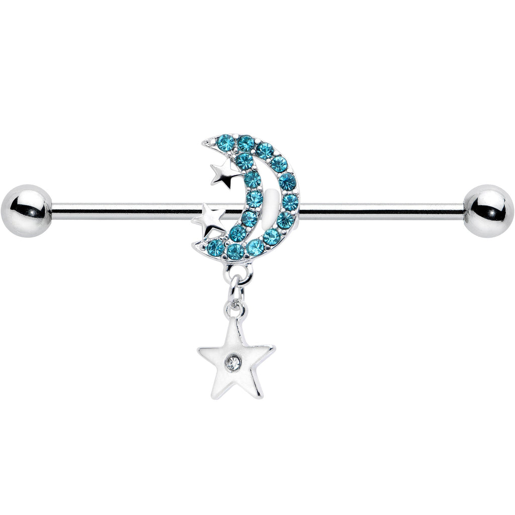 BodyCandy 14G Blue CZ Gem Moon Dangle Star Industrial Barbell 38mm — detail close-up