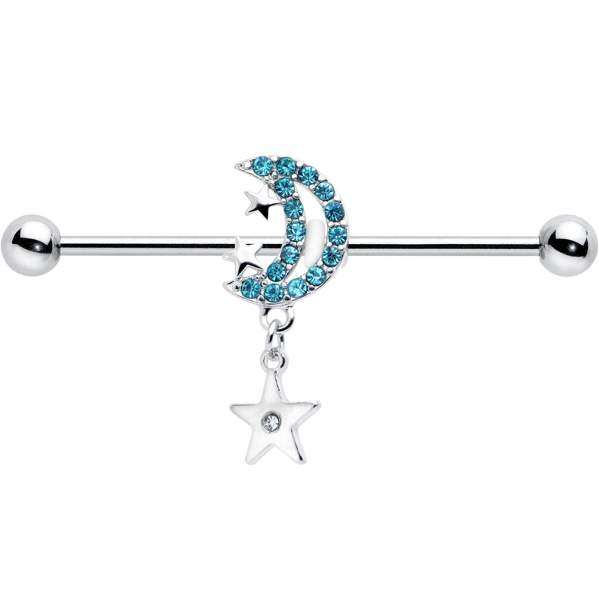 BodyCandy 14G Blue CZ Gem Moon Dangle Star Industrial Barbell 38mm — detail close-up