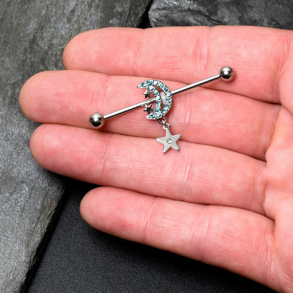 BodyCandy 14G Blue CZ Gem Moon Dangle Star Industrial Barbell 38mm — lifestyle context