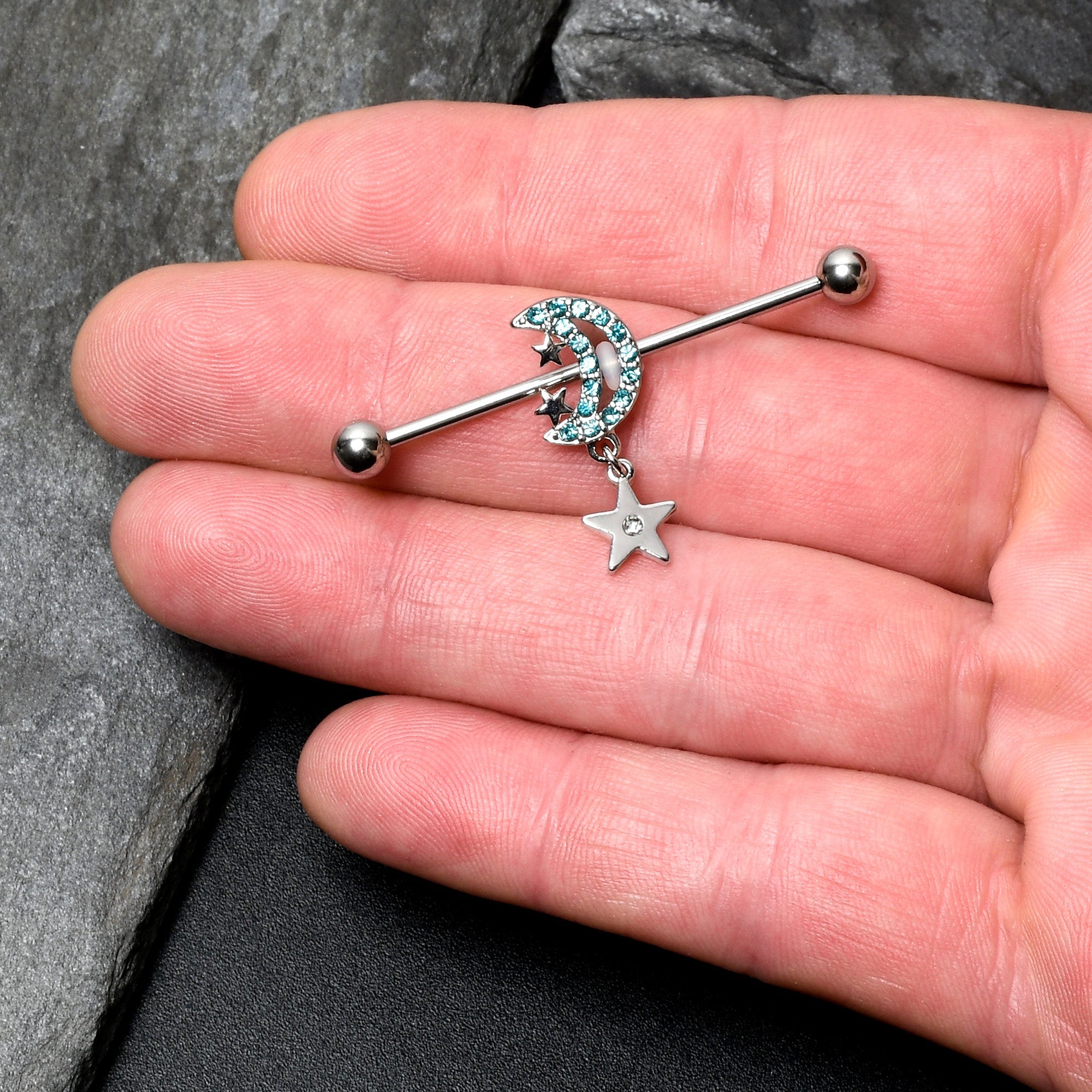 BodyCandy 14G Blue CZ Gem Moon Dangle Star Industrial Barbell 38mm — lifestyle context