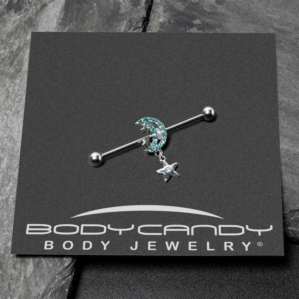 BodyCandy 14G Blue CZ Gem Moon Dangle Star Industrial Barbell 38mm — side view