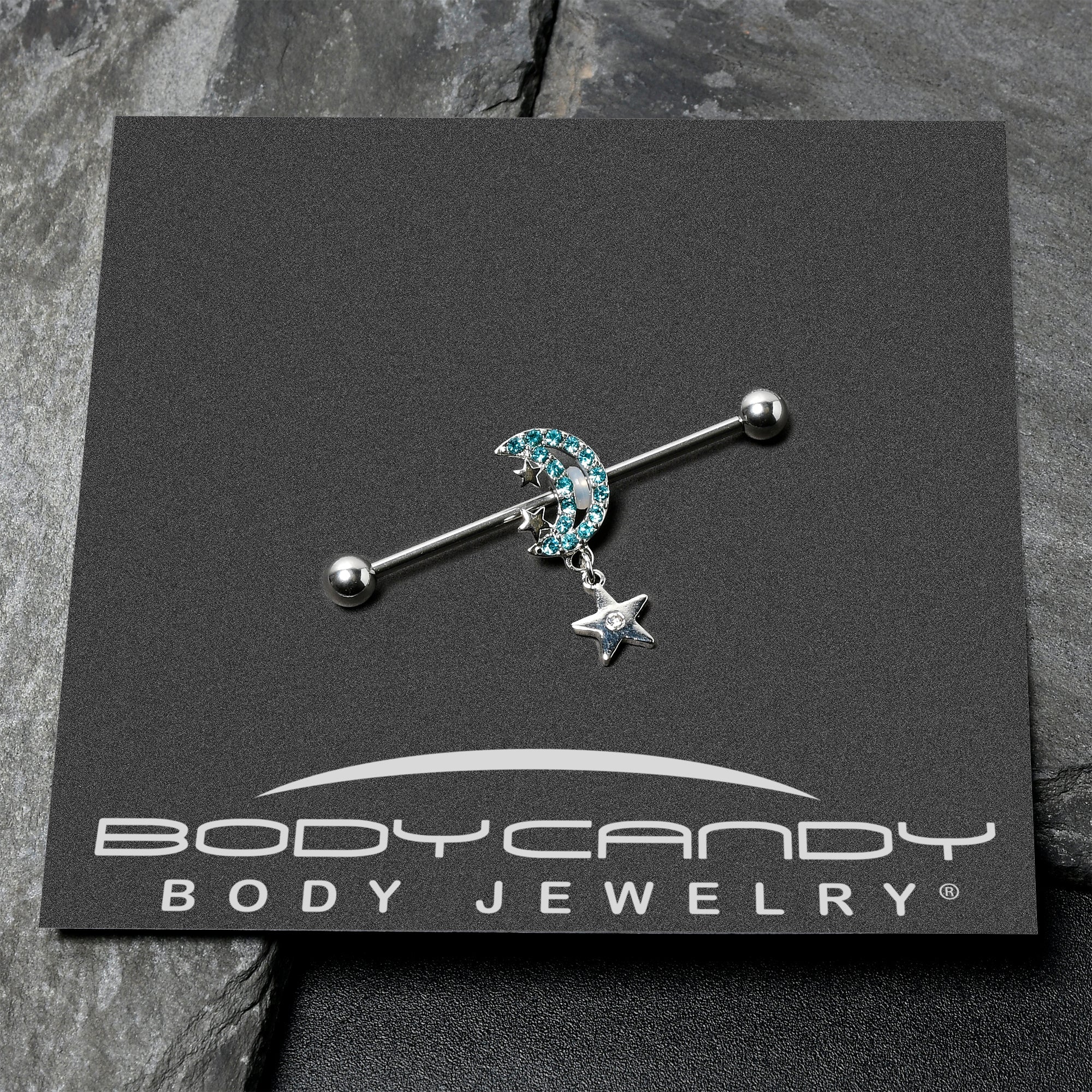 BodyCandy 14G Blue CZ Gem Moon Dangle Star Industrial Barbell 38mm — side view