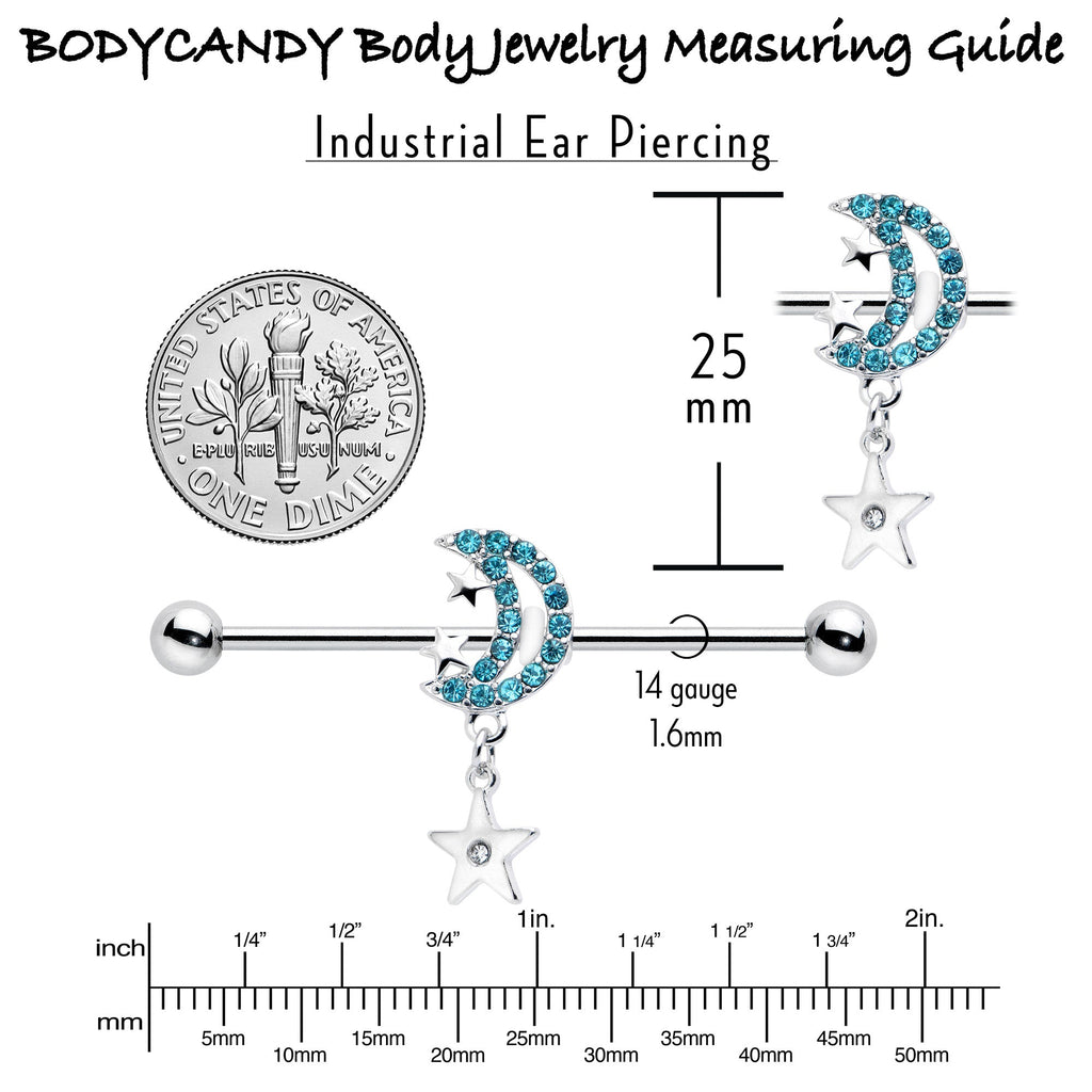 BodyCandy 14G Blue CZ Gem Moon Dangle Star Industrial Barbell 38mm — back view