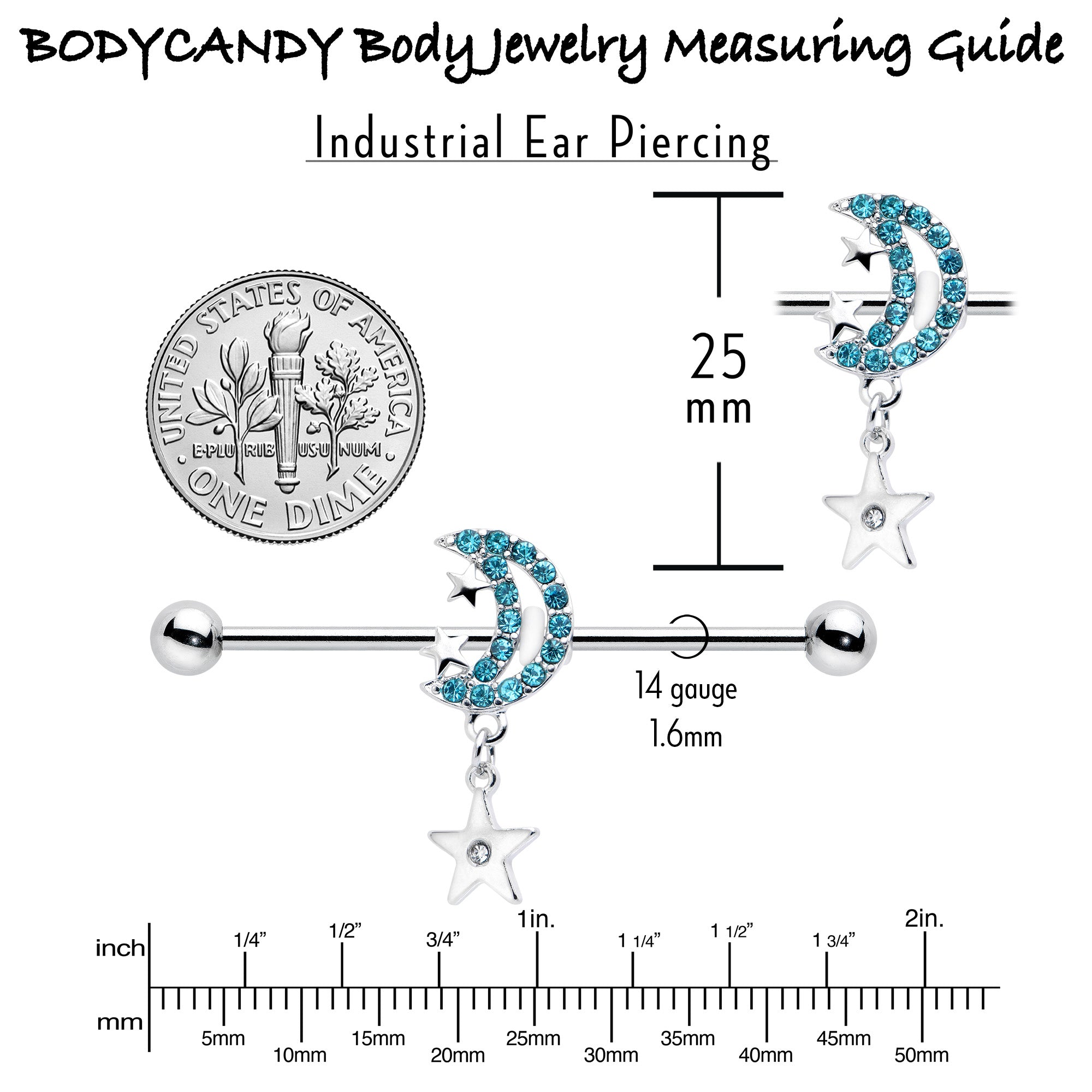BodyCandy 14G Blue CZ Gem Moon Dangle Star Industrial Barbell 38mm — back view