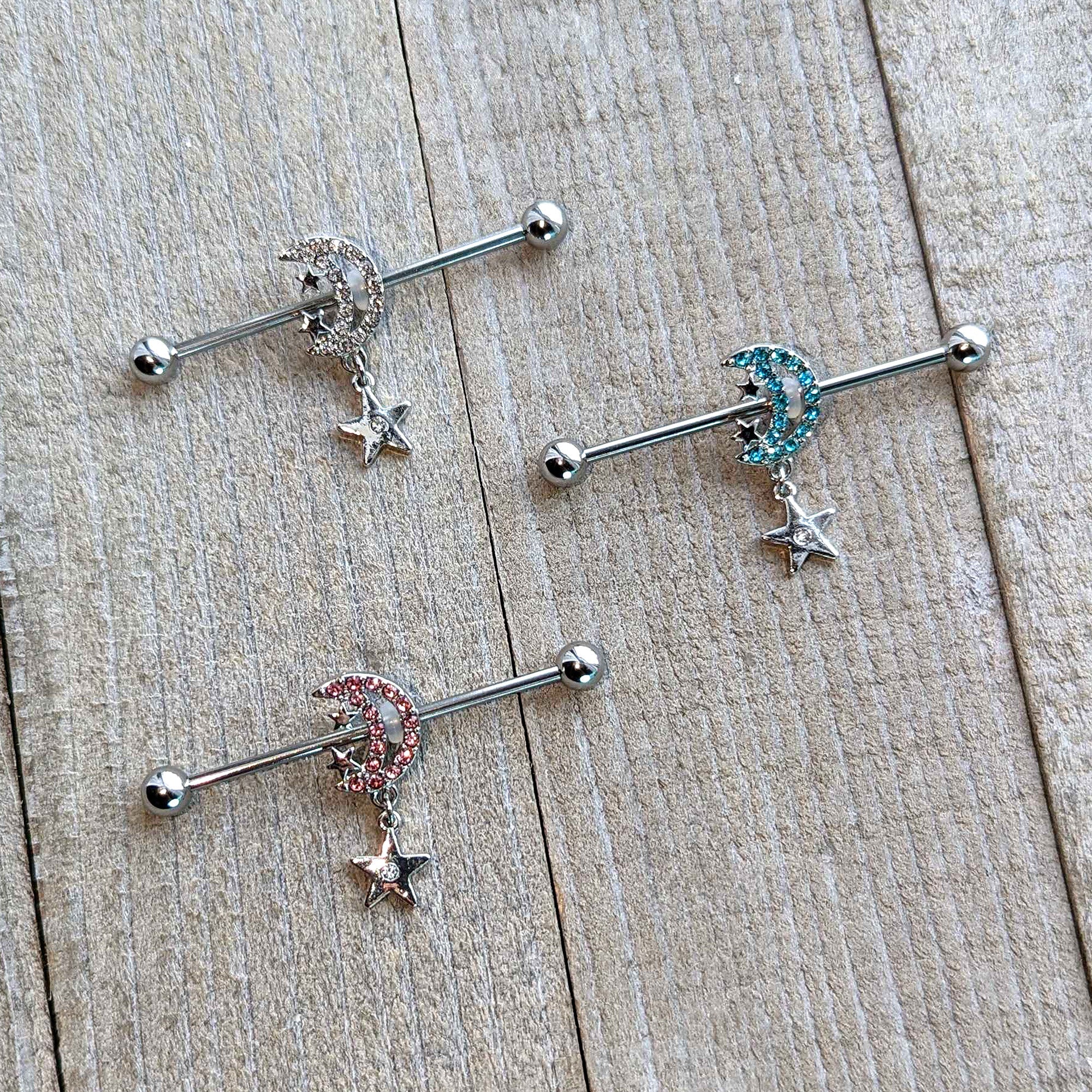 BodyCandy 14G Blue CZ Gem Moon Dangle Star Industrial Barbell 38mm — alternative angle
