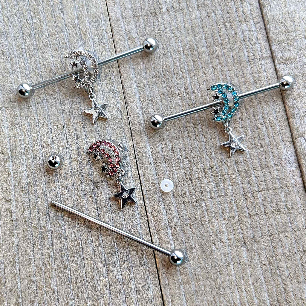BodyCandy 14G Blue CZ Gem Moon Dangle Star Industrial Barbell 38mm — in-use photo