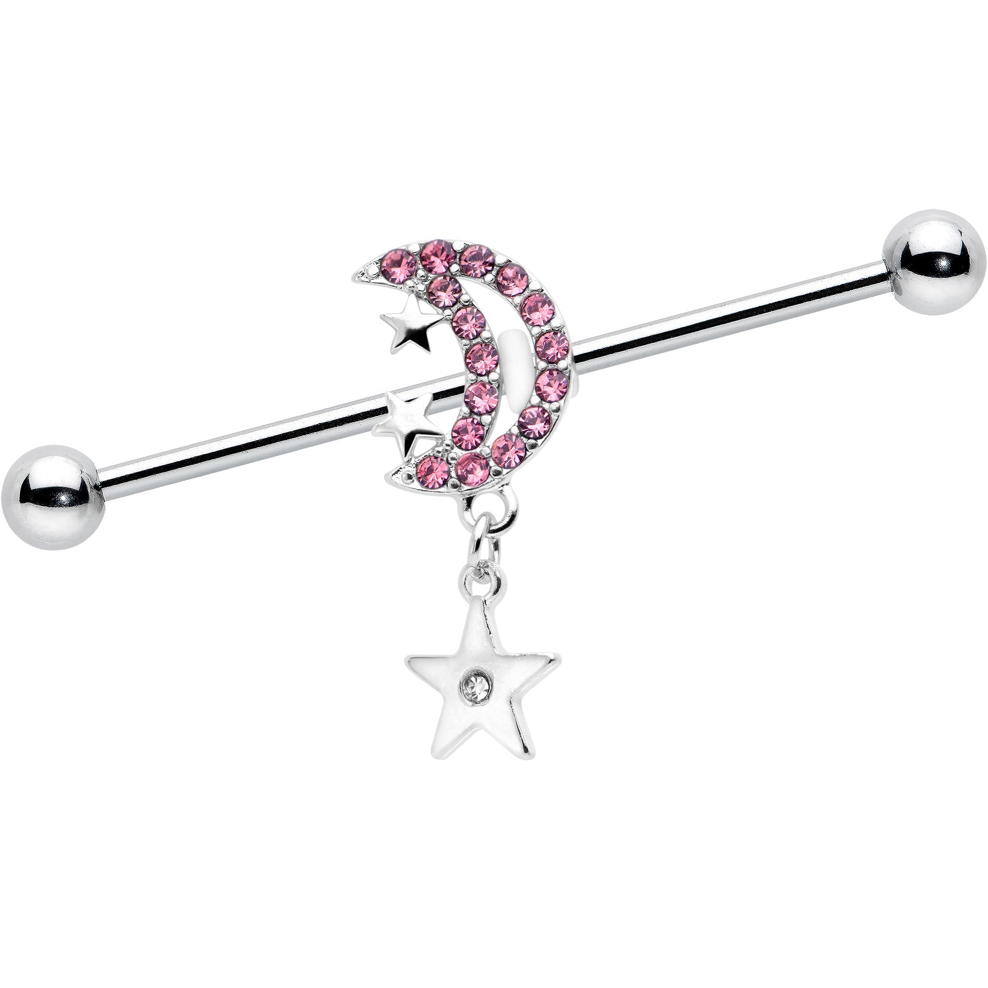BodyCandy 14G Pink CZ Gem Moon Dangle Star Industrial Barbell 38mm — main product shot