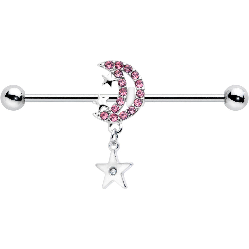 BodyCandy 14G Pink CZ Gem Moon Dangle Star Industrial Barbell 38mm — detail close-up