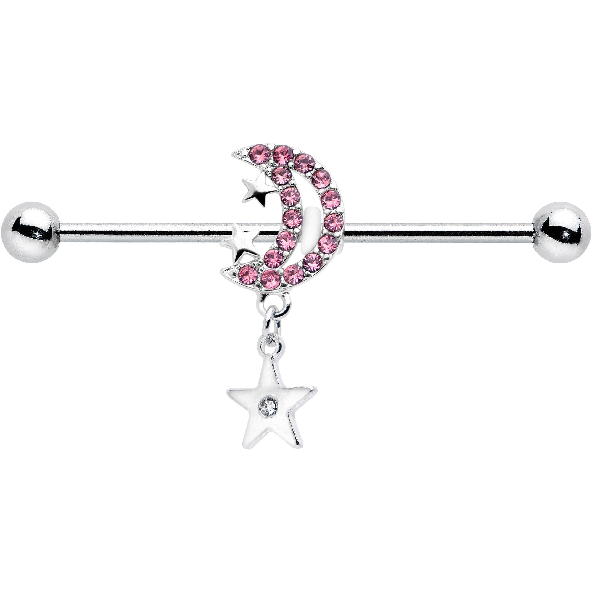 BodyCandy 14G Pink CZ Gem Moon Dangle Star Industrial Barbell 38mm — detail close-up