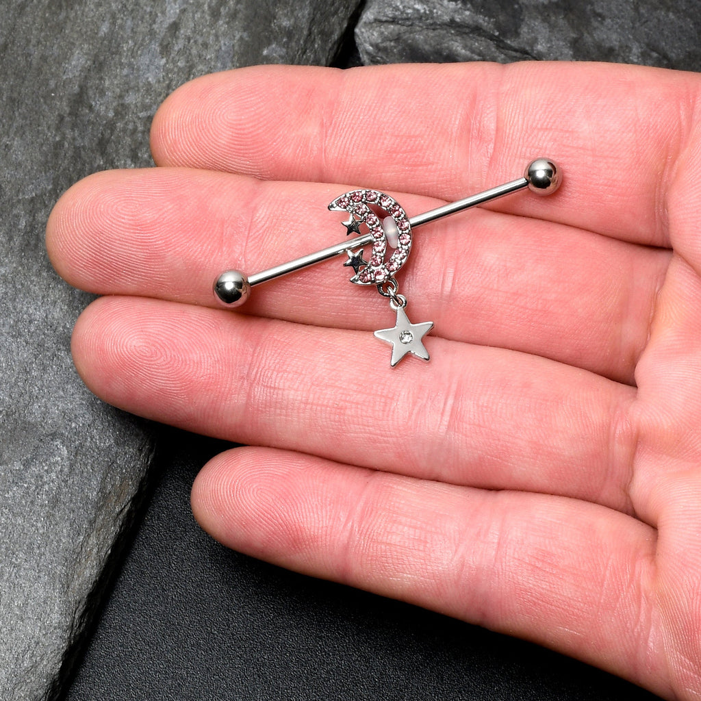 BodyCandy 14G Pink CZ Gem Moon Dangle Star Industrial Barbell 38mm — lifestyle context