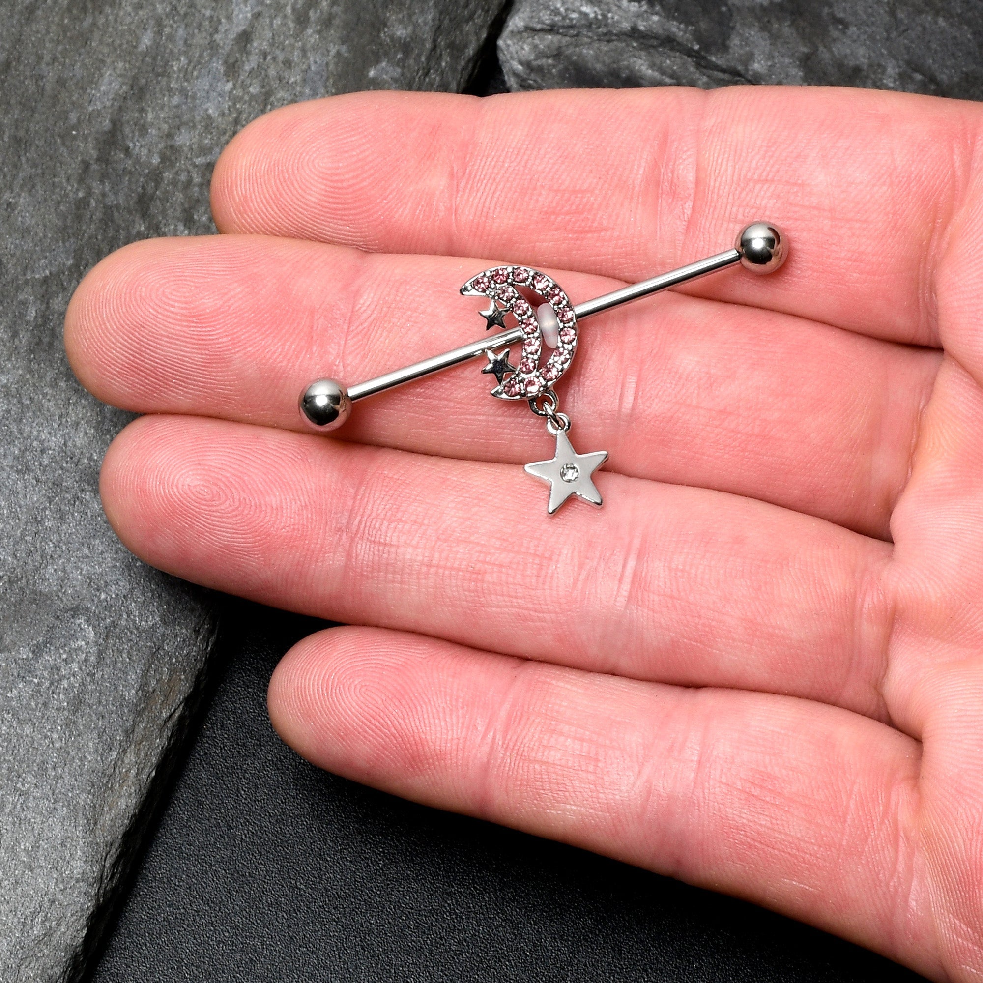 BodyCandy 14G Pink CZ Gem Moon Dangle Star Industrial Barbell 38mm — lifestyle context