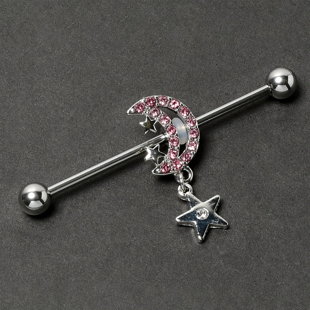 BodyCandy 14G Pink CZ Gem Moon Dangle Star Industrial Barbell 38mm — side view