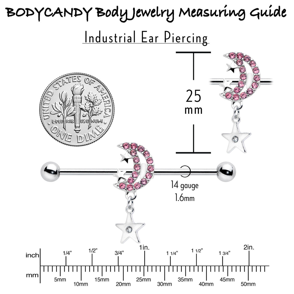 BodyCandy 14G Pink CZ Gem Moon Dangle Star Industrial Barbell 38mm — back view
